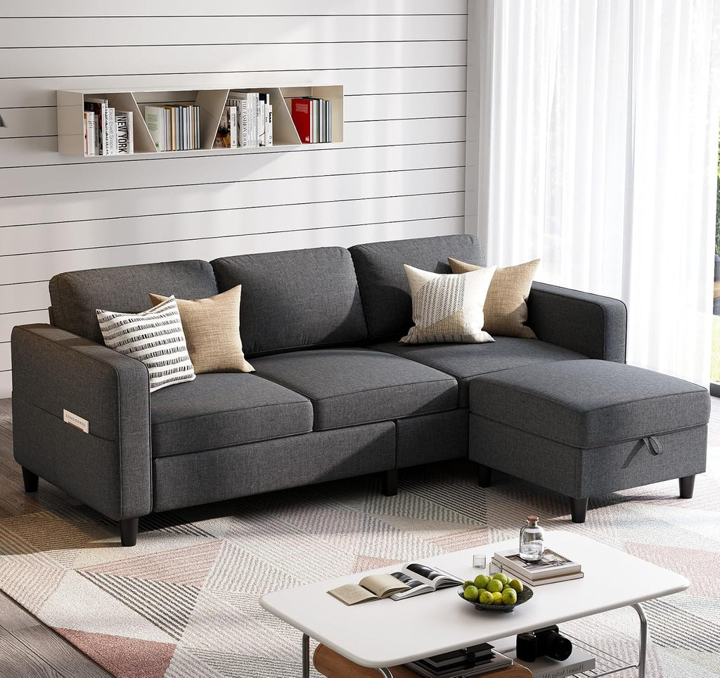 Grzyhem Sectional Sofas Couches for Living Room 78' L-Shaped Small Couch - Modern Linen Dark Grey Sofa with Storage Ottoman for Apartments, Studios Home Offices, Small Space