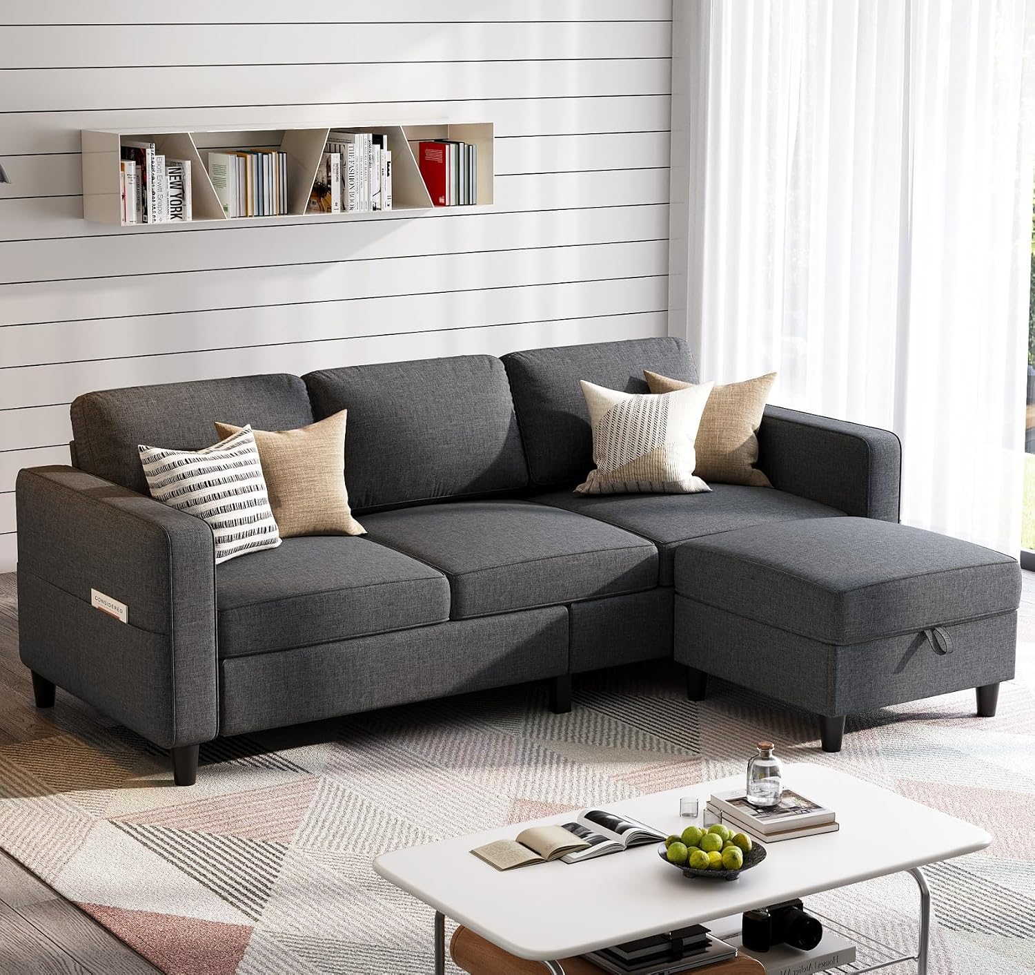 Grzyhem Sectional Sofas Couches for Living Room 78' L-Shaped Small Couch - Modern Linen Dark Grey Sofa with Storage Ottoman for Apartments, Studios Home Offices, Small Space