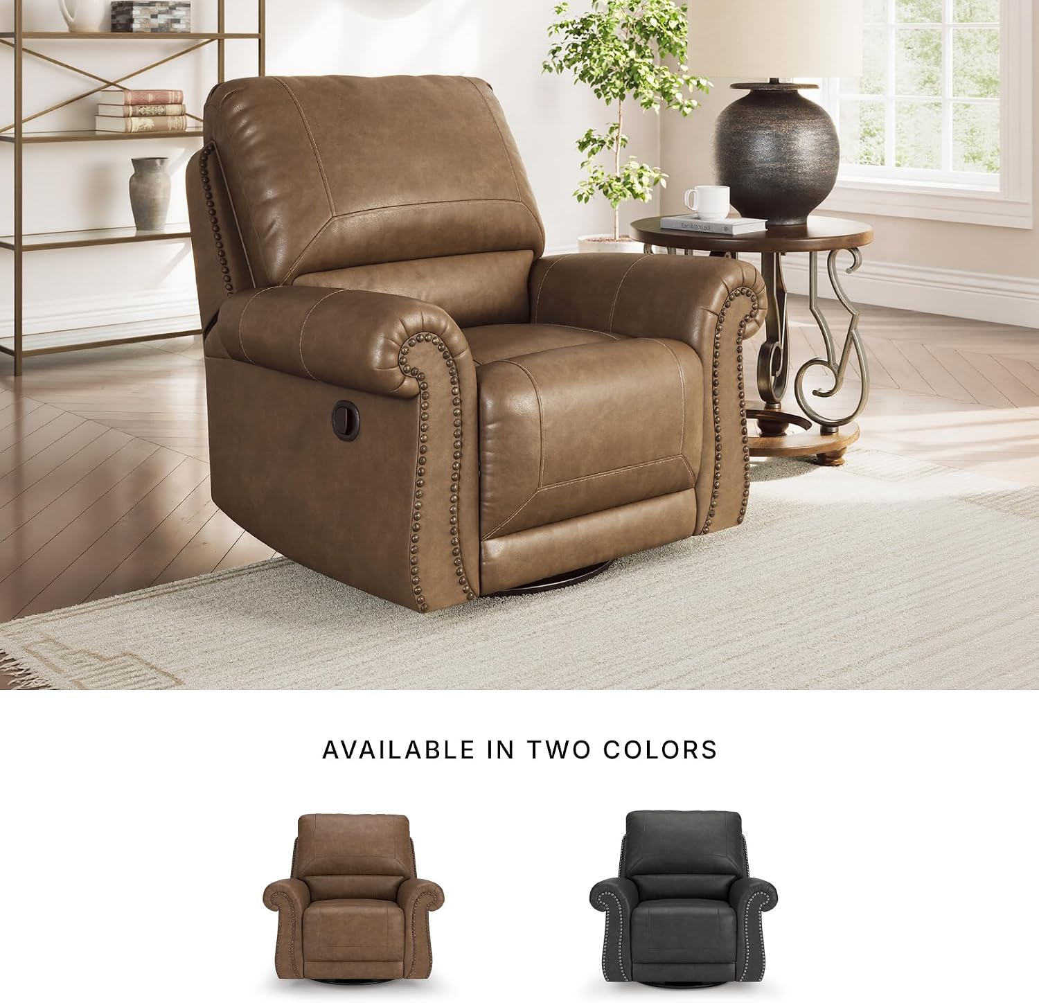 Signature Design by Ashley Shadsburne Classic Faux Leather Manual Rocker Swivel Glider Recliner with Nailhead Trim, Brown