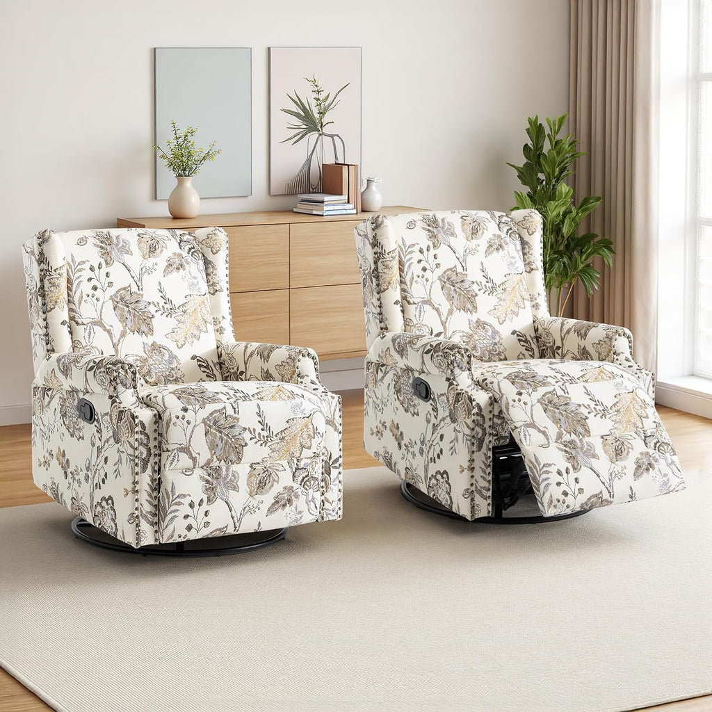 Swivel Rocker Recliner Chairs Set of 2, 360° Swivel Wingback Recliner Chairs for Adults, Upholstered Printed Fabric Glider Rocking Chair with High Back, Deep Seat for Living Romm Bedroom, Plants Beige