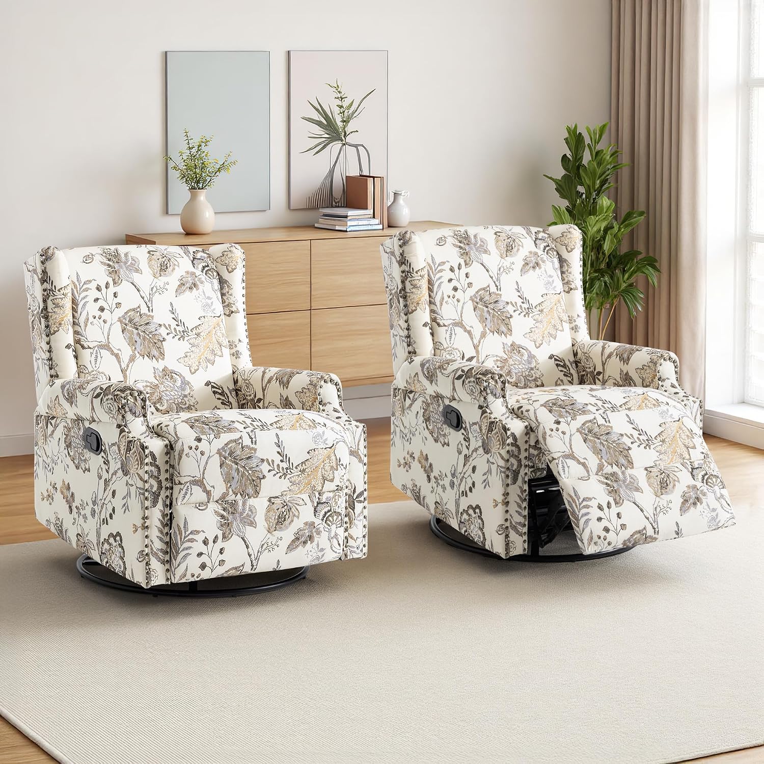 Swivel Rocker Recliner Chairs Set of 2, 360° Swivel Wingback Recliner Chairs for Adults, Upholstered Printed Fabric Glider Rocking Chair with High Back, Deep Seat for Living Romm Bedroom, Plants Beige