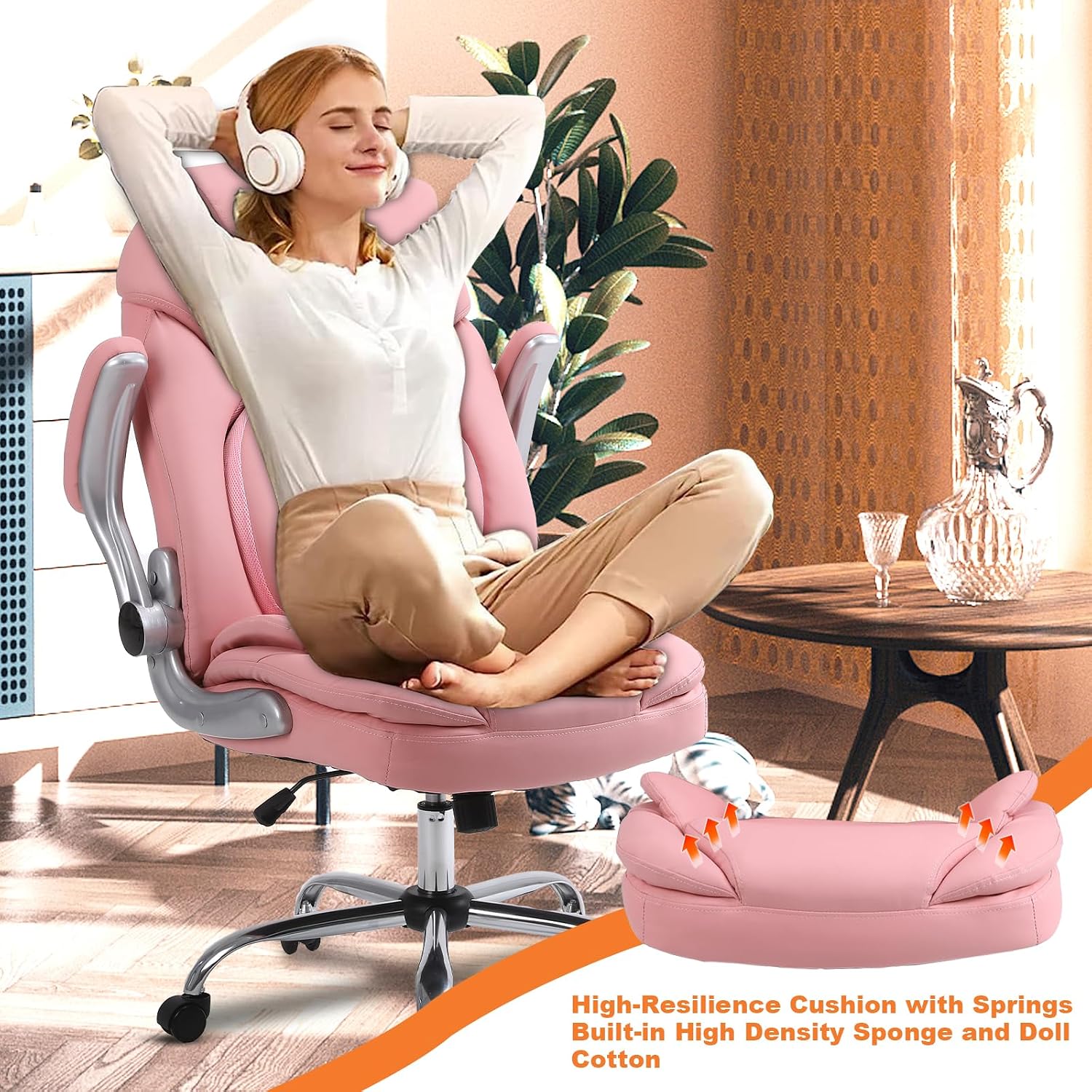 Ergonomic Executive Office Chairs with Adjustable Lumbar Support, 90-120° Rocking Managerial Chair Swivel Desk Chairs with Padded Flip-up Armrests (Pink), Medium(300lbs)