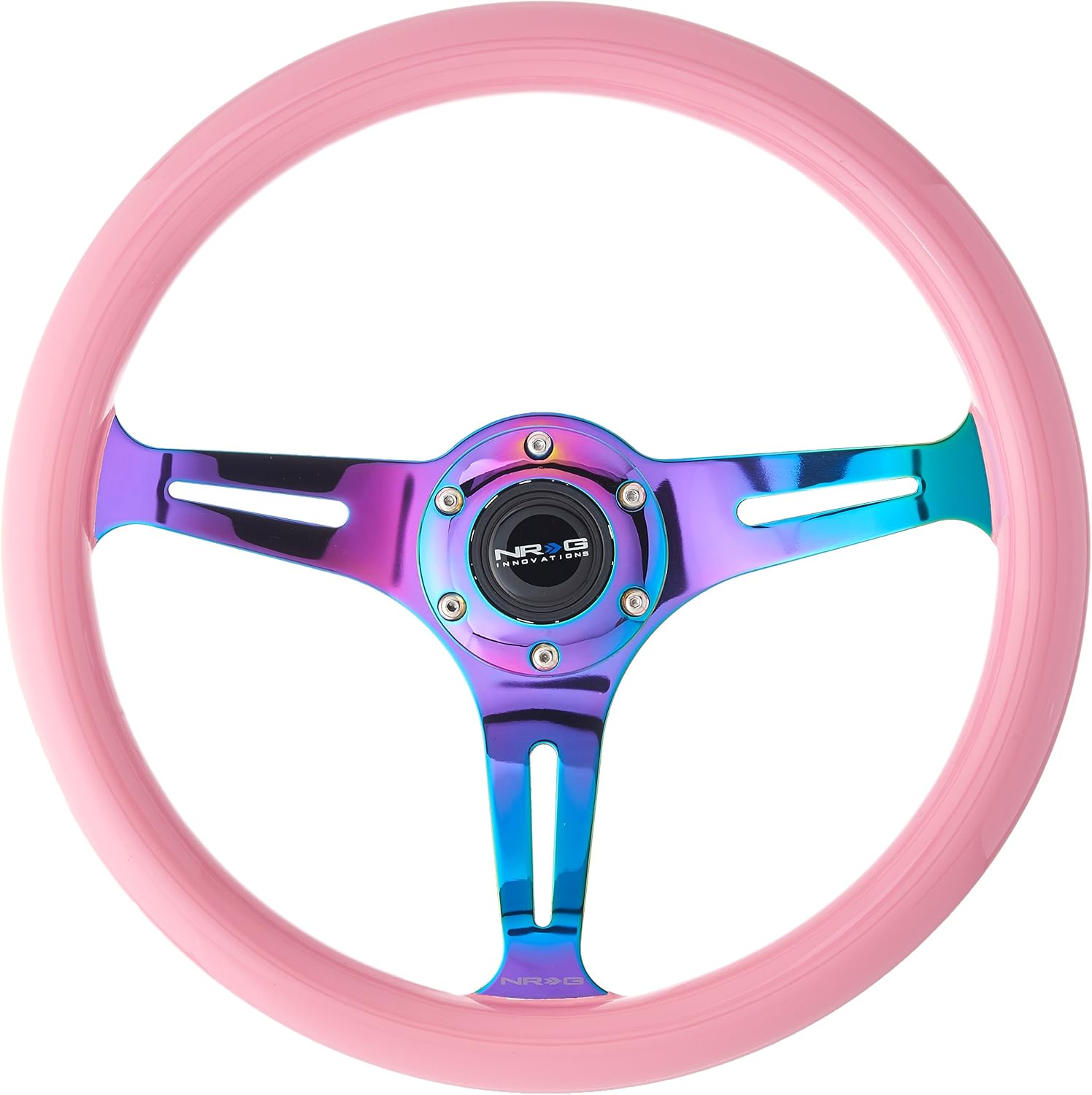 NRG Innovations NRG-ST-015MC-PK Steering Wheel - 350mm 25mm Deep Configuration, Classic Wood Grain Wheel, 3 Neochrome Spokes- Solid Pink Painted Grip