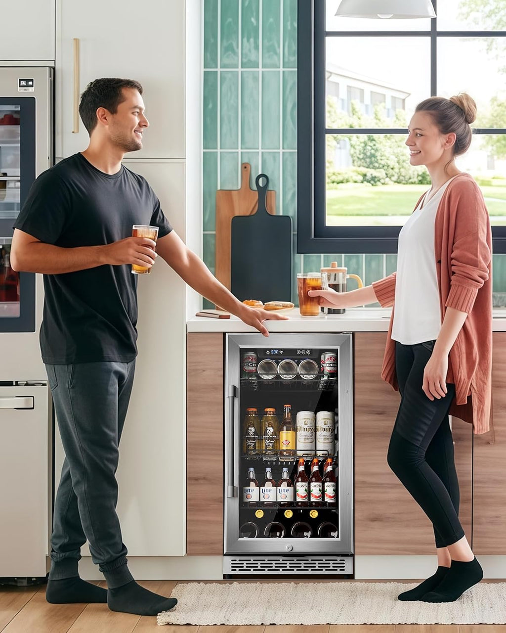 18-inch under-counter beverage refrigerator – 140-Can & 20-Bottle Capacity, Dual-Zone Built-In Beverage Cooler with Glass Door and Quiet Advanced Cooling System