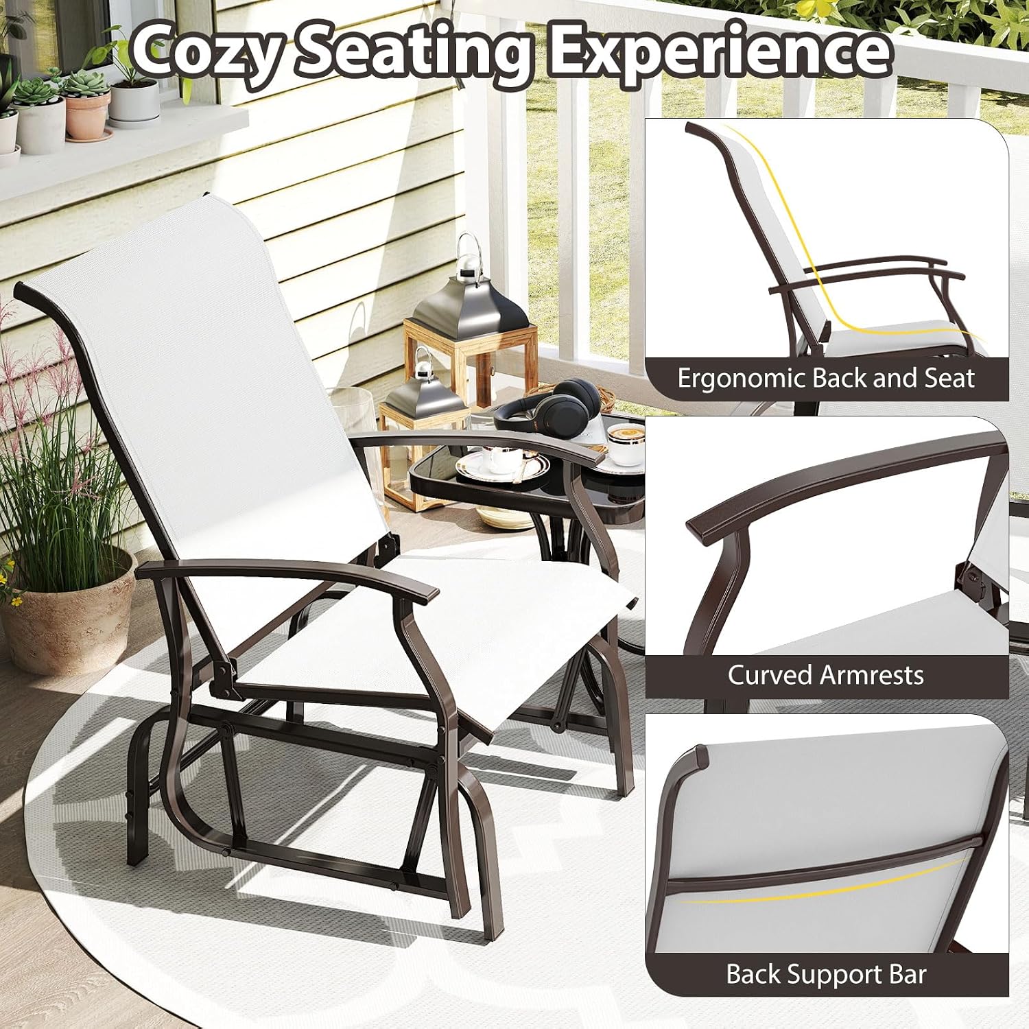 Tangkula Porch Gliders Set of 2, Outdoor Swing Glider Chairs with High Back, Breathable Mesh Fabric and Metal Frame, Patio Rocking Chairs for Backyard Garden Balcony Poolside (Off White)