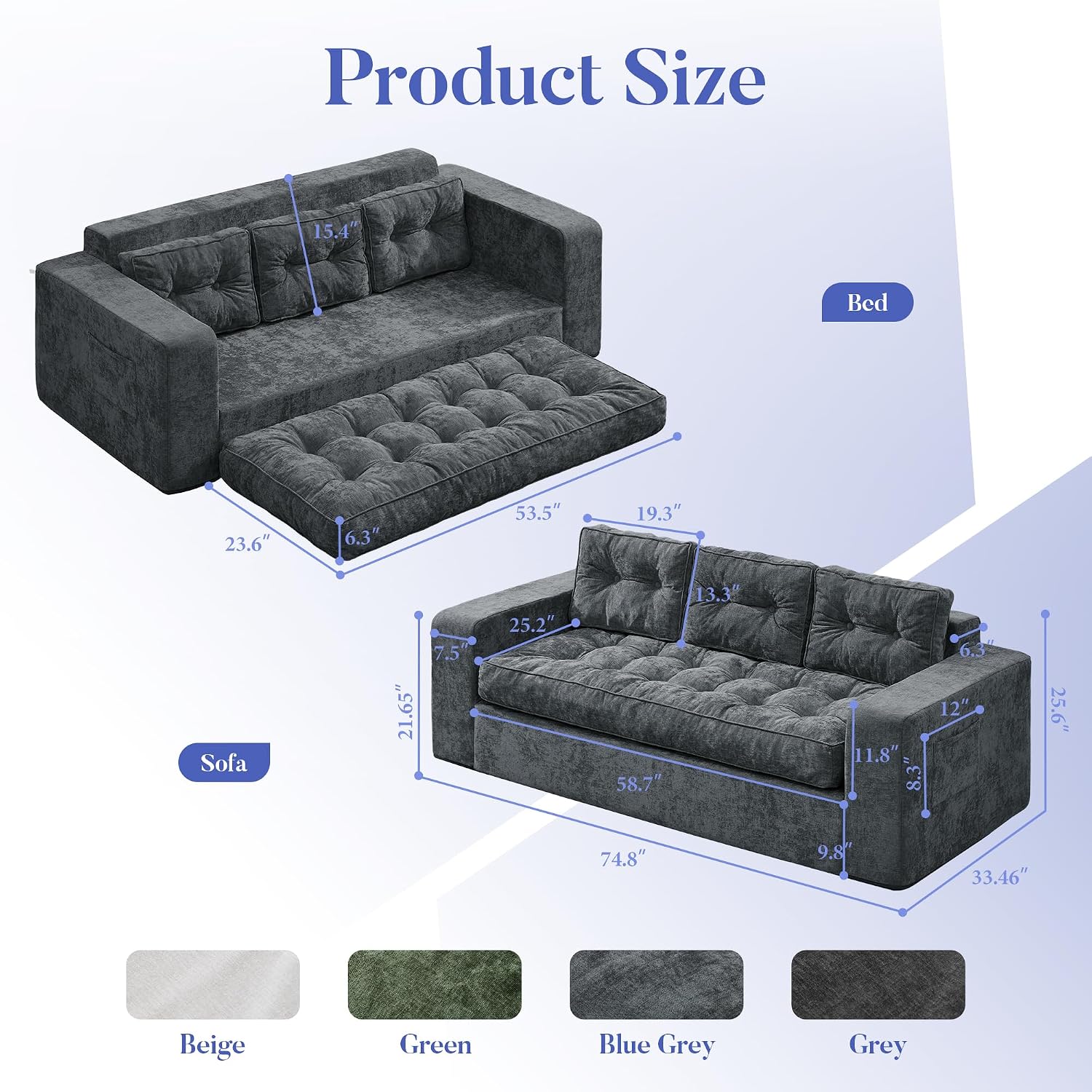 Hobestluk 3-Seater Sofa Boneless Couch with Tufted Button Design 2 in 1 Comfy Cloud Couch Oversized Sofa for Living Room Bedroom Apartment or Office (Blue Grey, 3 Seater)