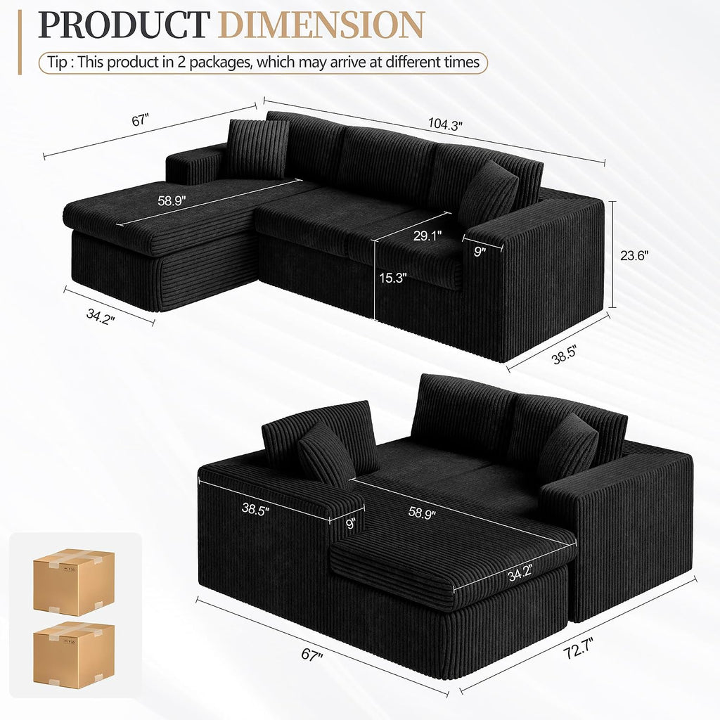 Vongrasig 105' Boneless Couches for Living Room, Sectional Couches Modular Sofa with L-Shaped Chaise, Memory Foam Comfy Cloud Couch with Plush Corduroy Fabric, No Assembly Required, Black