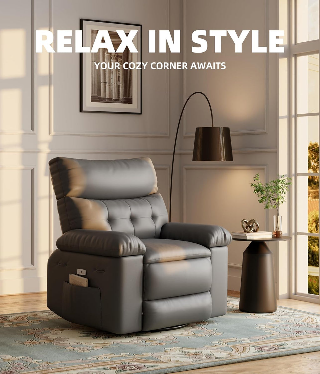 Oversized Recliner Chair with Heating & Massage, XL Faux Leather Nursery Rocking Chairs for Adults with Cup Holder and Side Pockets, Swivel Chair for Living Room, Bedroom Grey