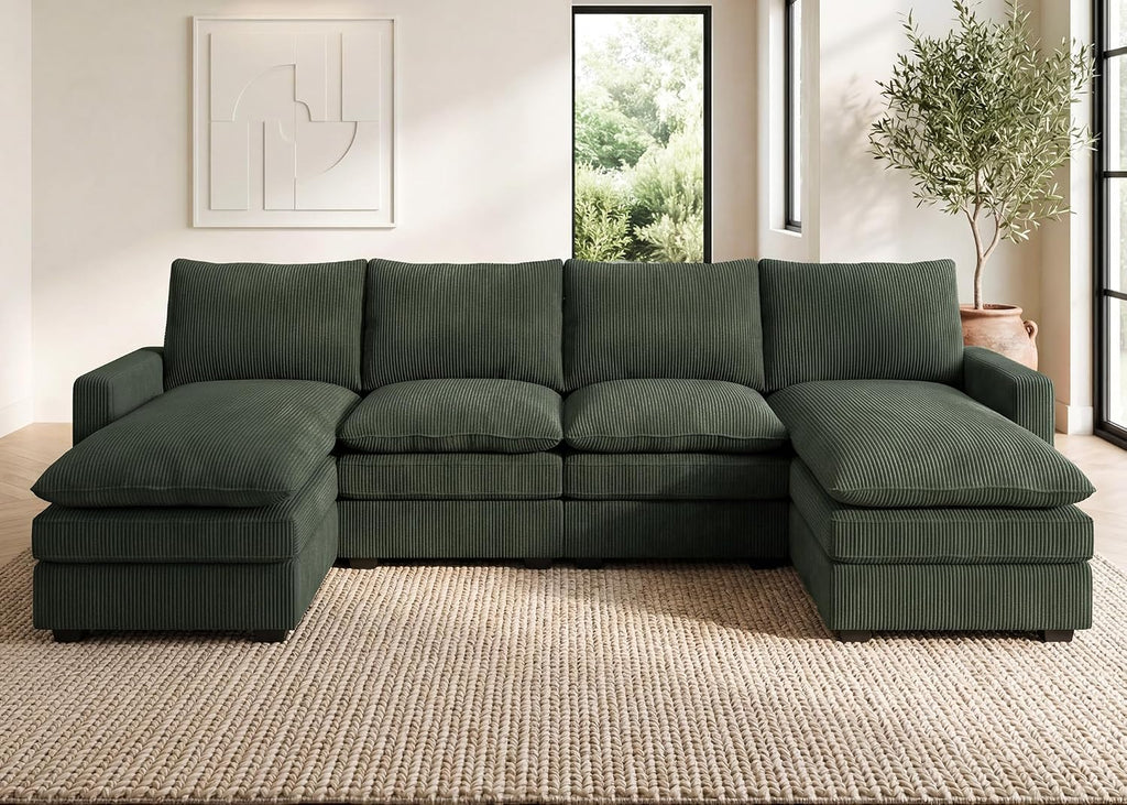 HONBAY 127.2 Inch Corduroy Cloud Modular Sectional Sofa with Chaise, Deep Seat U-Shaped Couch with Storage for Living Room, Apartment, Small Space,Green