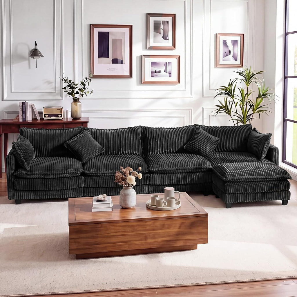 Vesgantti 143' L Shaped Modular Sectional Couch, Comfy Corduroy Upholstered Cloud Couches for Living Room, Modern 3 Seater Sofa with Movable Ottoman & Throw Pillows, Dark Grey