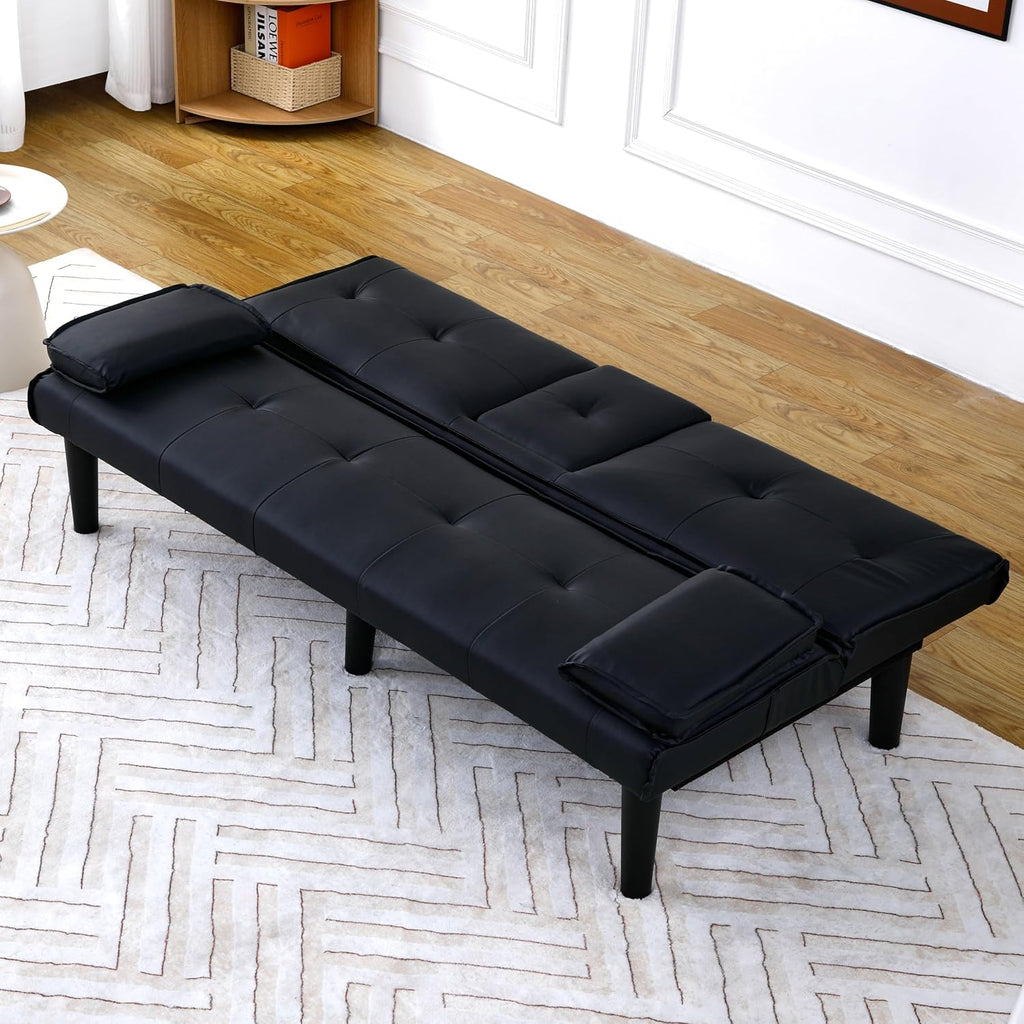 KEIKI 3 in 1 Convertible Sleeper Sofa Bed, PVC Loveseat with Cup Holder, Foldable Futon Sofa Bed for Living Room, Guest Room, Dorm, Black