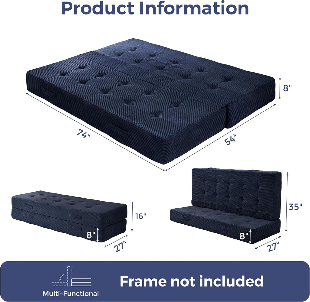 MAXYOYO 8' Foldable Floor Sofa Bed, Tufted Foldable Couch Bed Thick Folding Mattress with Handles, Versatile Folding Sofa Couch for Floor Sleeping, Living Room & Guest Room, Navy