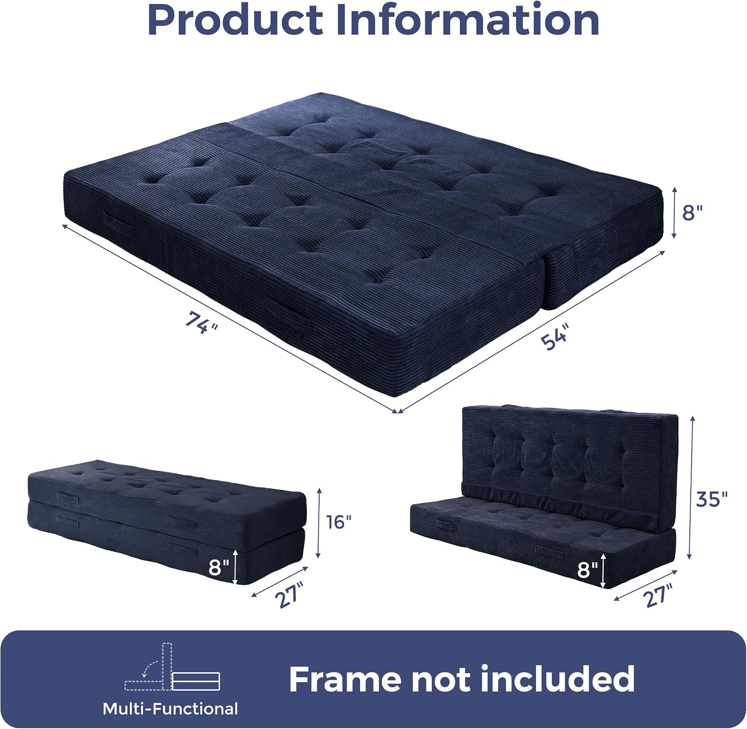 MAXYOYO 8' Foldable Floor Sofa Bed, Tufted Foldable Couch Bed Thick Folding Mattress with Handles, Versatile Folding Sofa Couch for Floor Sleeping, Living Room & Guest Room, Navy