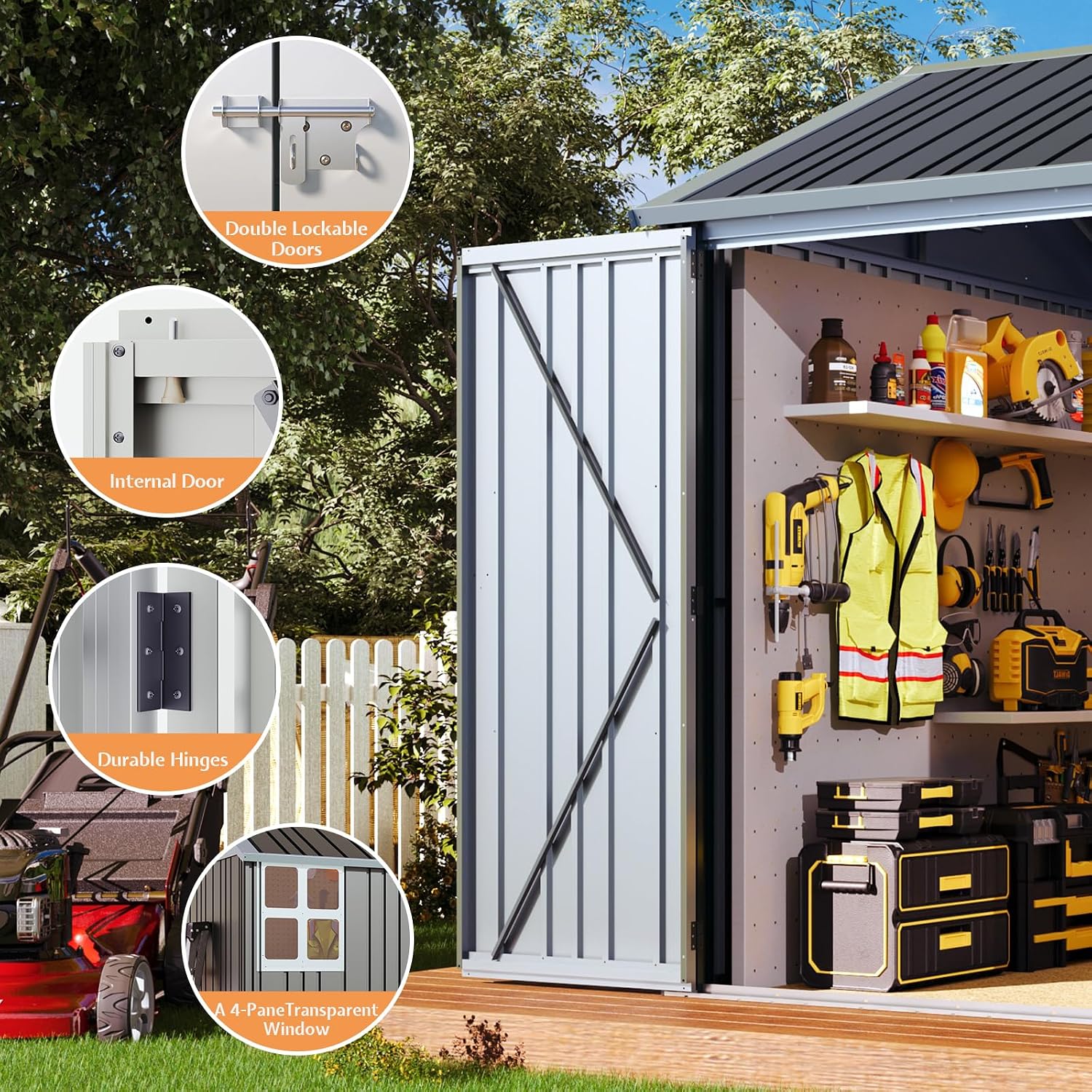 VanAcc 8.5x7.1x7.5 FT Galvanized Steel Outdoor Storage Shed, Lockable Double Hinged Doors and 4 Vents, Metal Shed for Backyard Storage, Dark Black/White