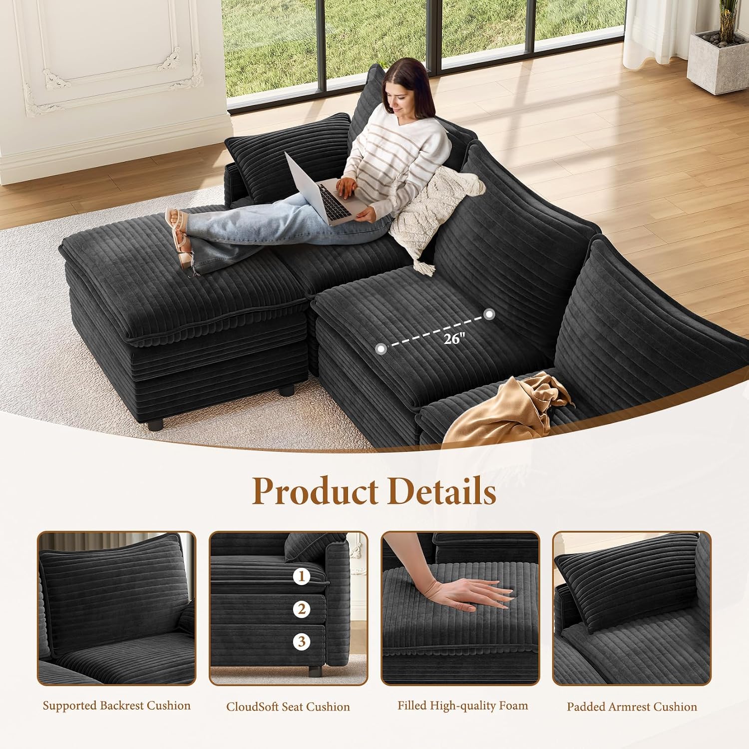 Vesgantti 108' Cloud Couch for Living Room, Deep Seat Sectional Modular Sofa with Ottoman, Double Cushion Corduroy L Shaped Sofas Set Easy Rearrange for Apartment, Office, Bedroom, Dark Grey