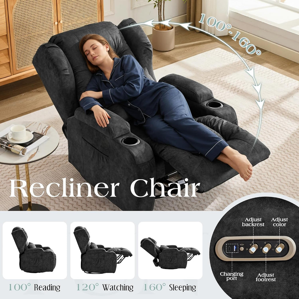 TUNYI Power Recliner Chair - Velvet Home Theater Seating Glider Reclining Sofa with Massage & Heat Swivel Rocker Recliner Chair for Living Room with LED Light/USB Port/Lumbar Pillow (VelGrey)