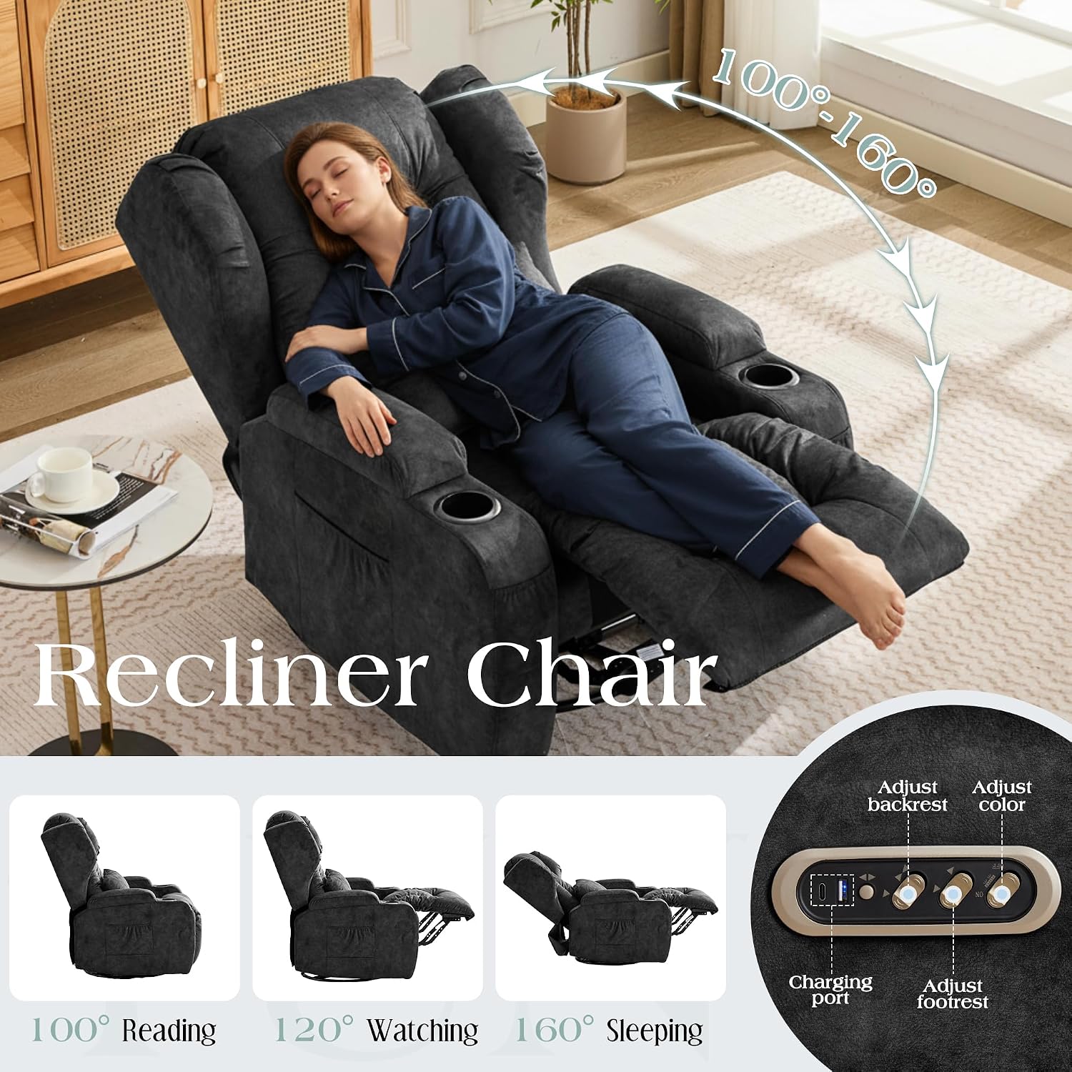TUNYI Power Recliner Chair - Velvet Home Theater Seating Glider Reclining Sofa with Massage & Heat Swivel Rocker Recliner Chair for Living Room with LED Light/USB Port/Lumbar Pillow (VelGrey)