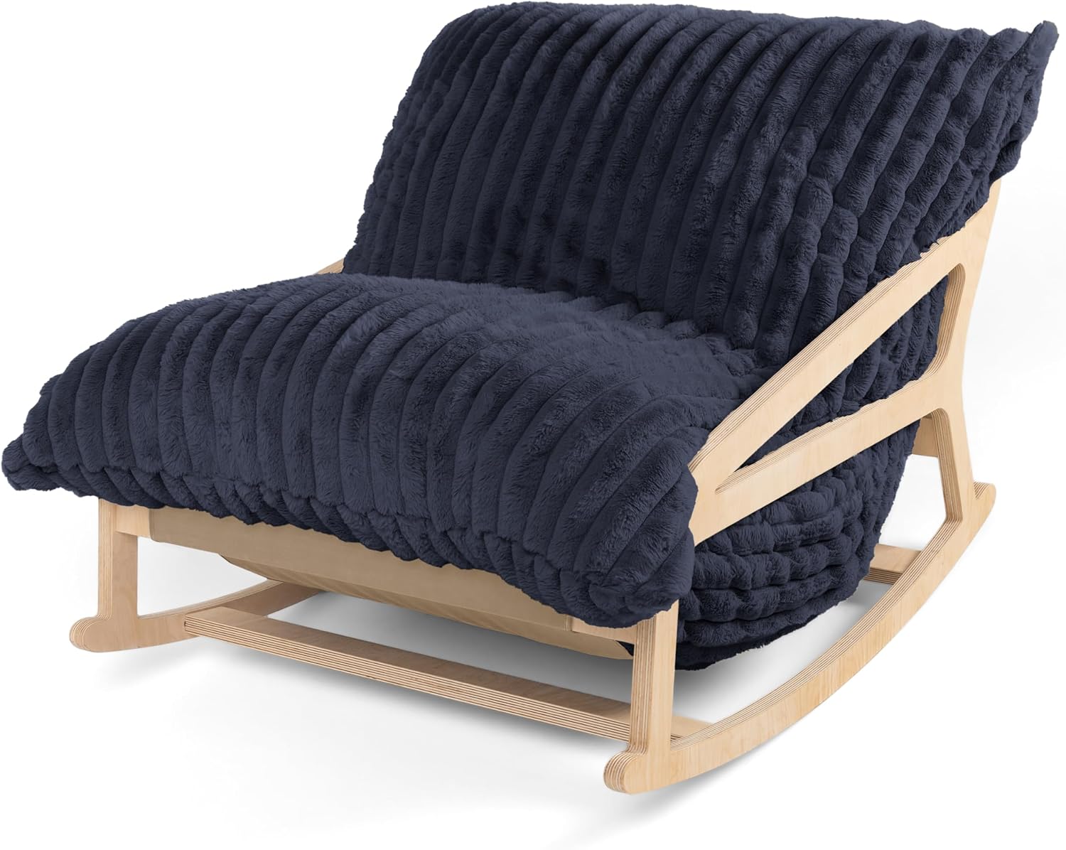 Pillow Saxx Bean Bag Rocking Chair - Elegant Oversized Rocker with Modern Wood Frame, Mondo Fur Midnight Blue