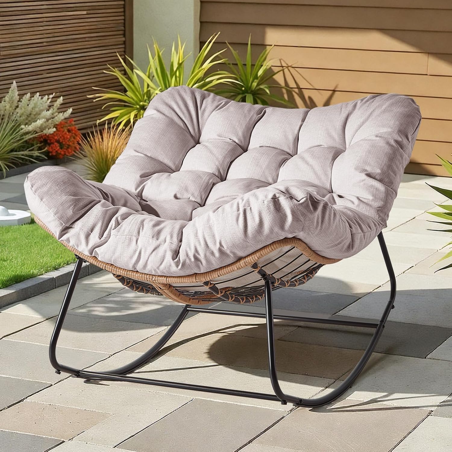 Outdoor Rocking Chair, Oversized Papasan Wicker Lounge Chair with Cushion, Relaxing Patio Rocker, Indoor Reading Egg Chair for Porch, Patio, Bedroom, Garden (Beige)