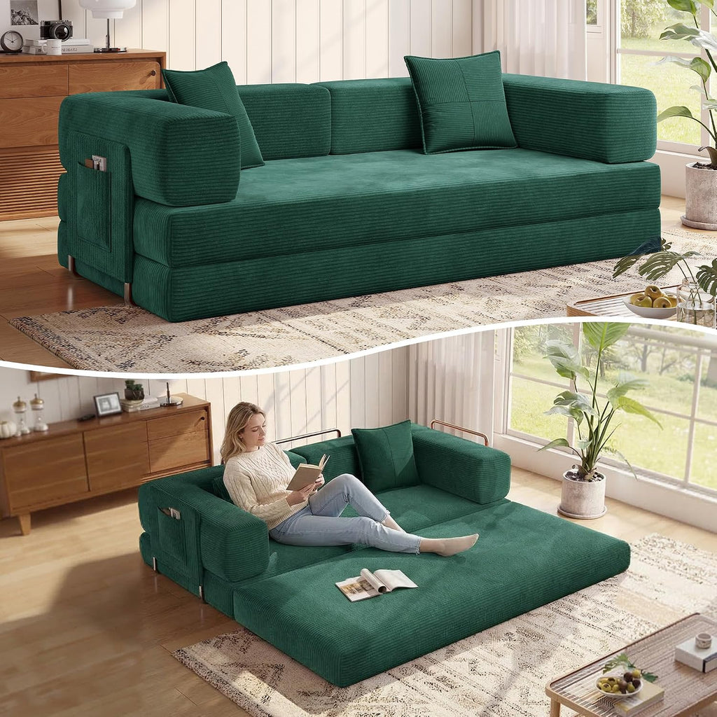 MoonSpeak 78.8''Sleeper Couch Bed for Livingroom,Convertible Modular Sofa with Armrest Pillow,Modular Foldable Corduroy Couches in a Box,No Assembly (Emerald Green)