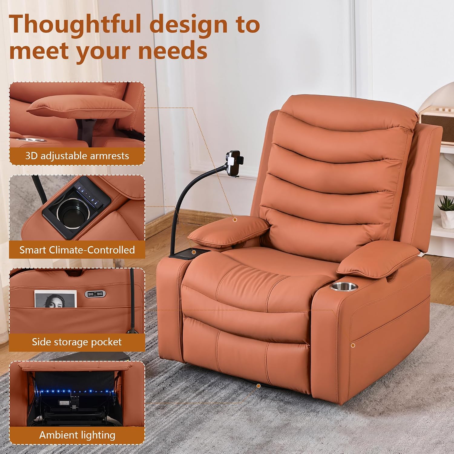 Holaki Rocking Chair Nursery, Oversized Glider Recliner Nursery Chair Swivel Reading Chair with Heated Lumbar Support Smart Cup Holder and Fast-Charging Phone Mount for Breastfeeding(Orange)