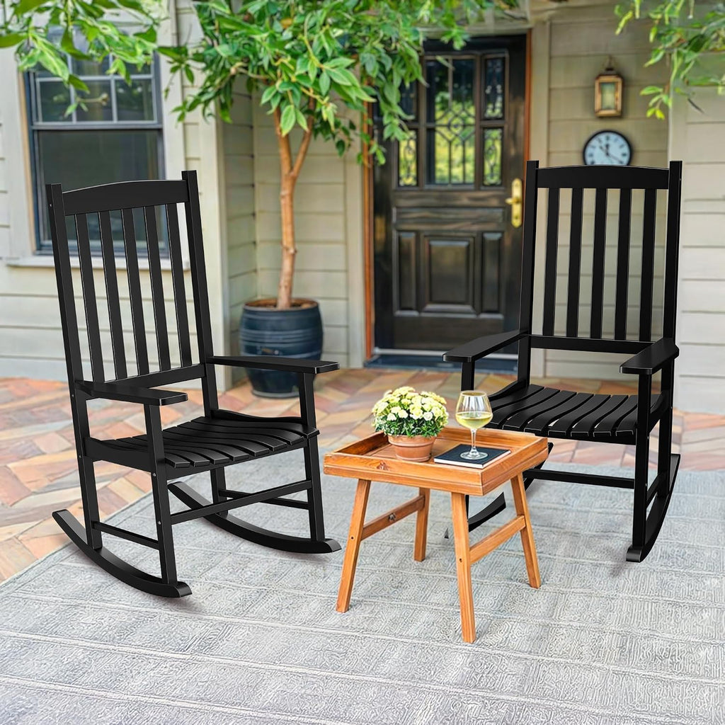 ZenStyle Outdoor Rocking Chair Set of 2 with High Back, Perfect for Indoor or Outdoor All Weather Porch Rocker for Garden, Lawn, Balcony, Backyard, Wooden Porch Rocker (2, Black)