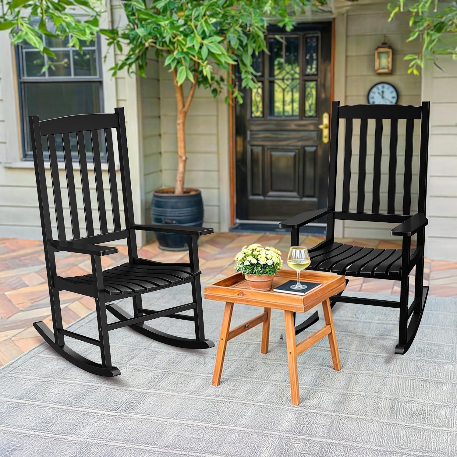 ZenStyle Outdoor Rocking Chair Set of 2 with High Back, Perfect for Indoor or Outdoor All Weather Porch Rocker for Garden, Lawn, Balcony, Backyard, Wooden Porch Rocker (2, Black)