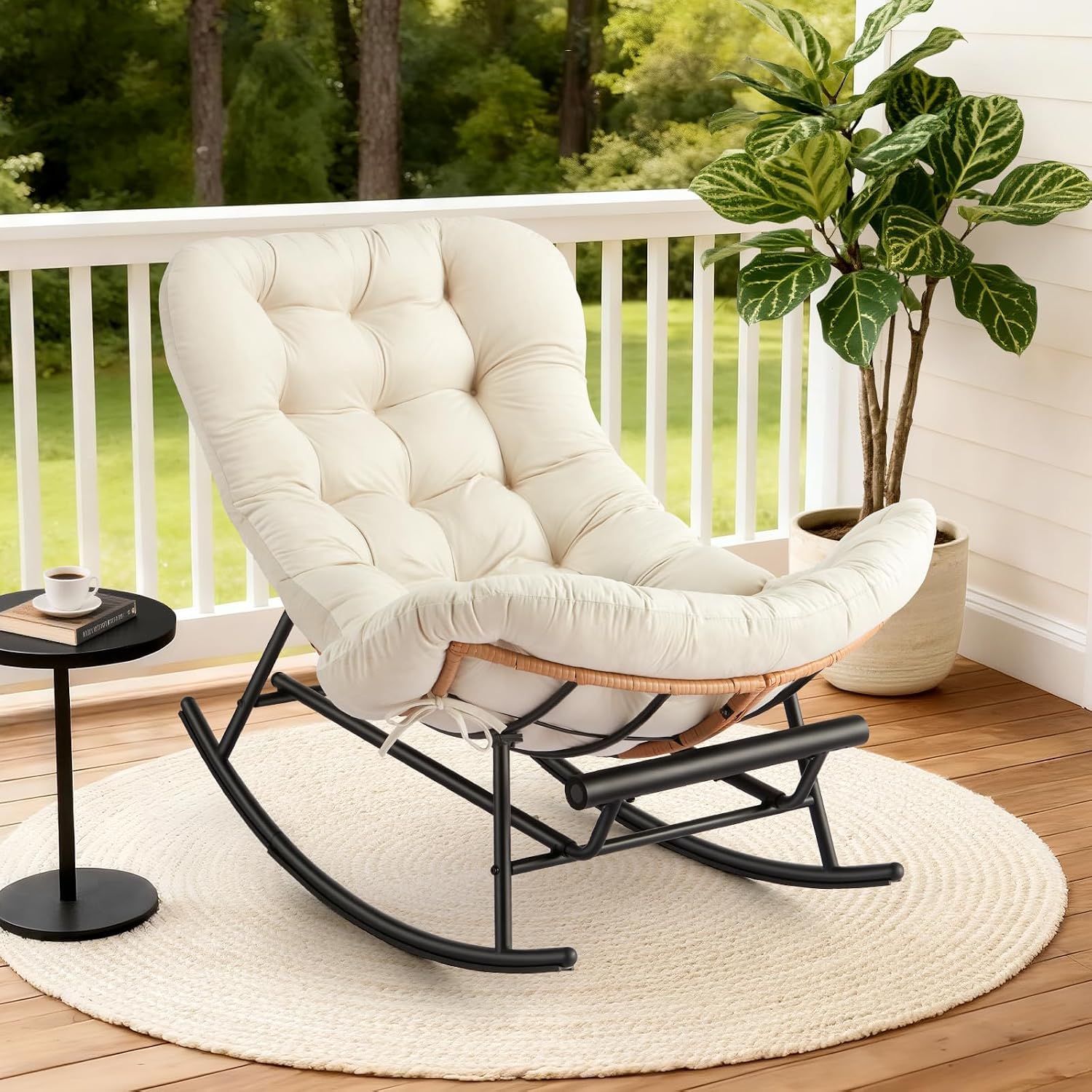 Takywep Rocking Chair - Oversized Outdoor Rocking Chairs with Footrest, Indoor Papasan Rocker Egg Chair for Bedroom, Living Room, Porch, Garden, Lawn (Beige-Flannel)
