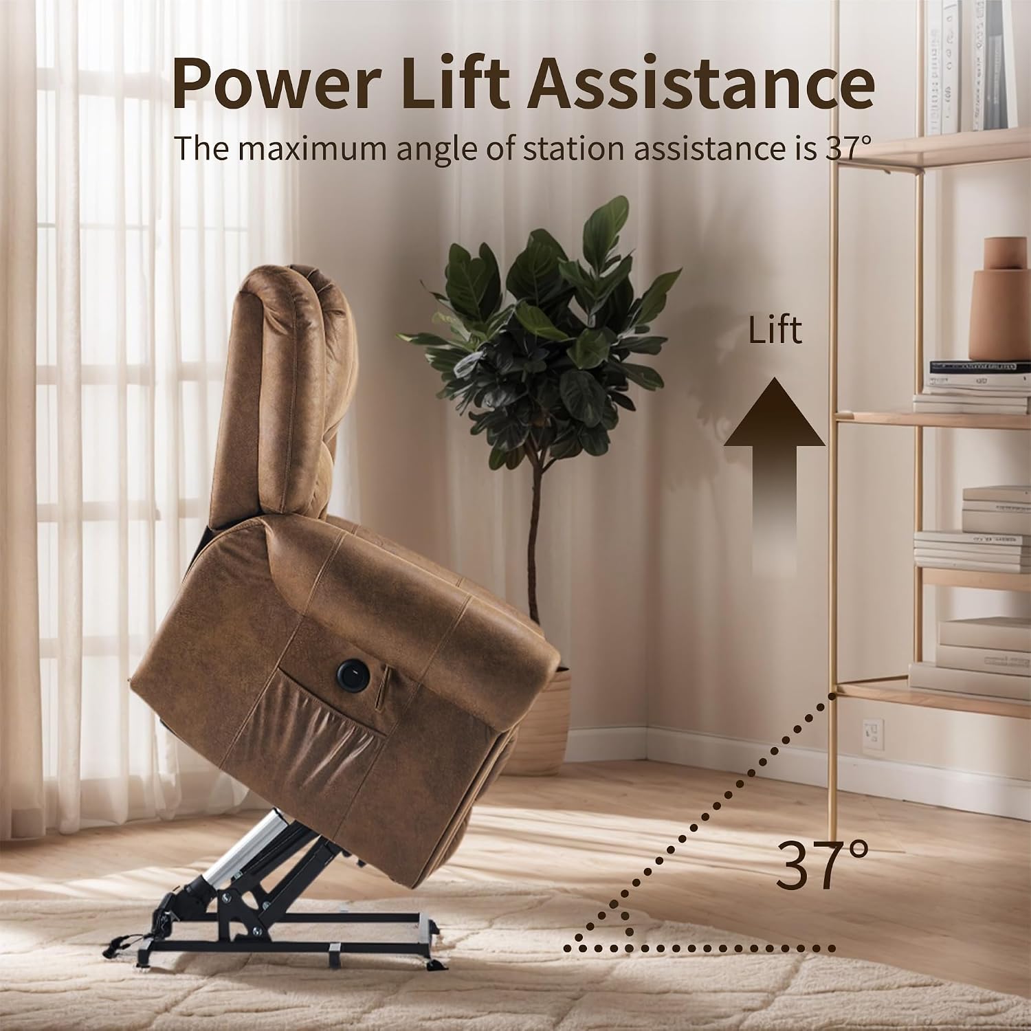 FLEXISPOT Power Lift Recliner Chair for Elderly with Massage & Heat, Faux Leather Electric Reclining Chair for Seniors with USB Ports, Cup Holders & Side Pockets(Medium Size,Light Brown