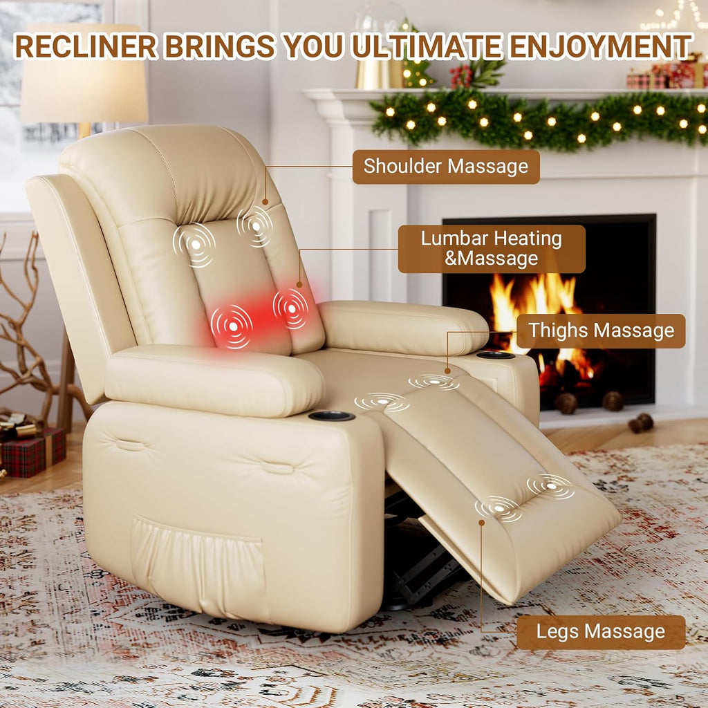 GarveeHome Recliner Chair, 360° Swivel Rocker Recliners with Heat & Massage, Soft Lazy Boy Recliner Chair with 2 Cup Holders and Side Pocket for Living Room Bedrooms and Nurseries (Beige, 22')