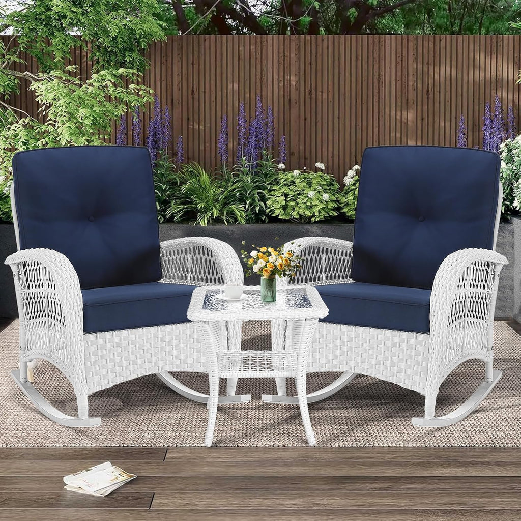 MEETWARM 3 Pieces Patio Conversation Set, Rattan Outdoor Rocking Patio Bistro Set with 2 Rockers and 1 Side Table with 4' Thick Cushions, Outdoor Furniture Set for Porch Backyard, White Wicker/Navy