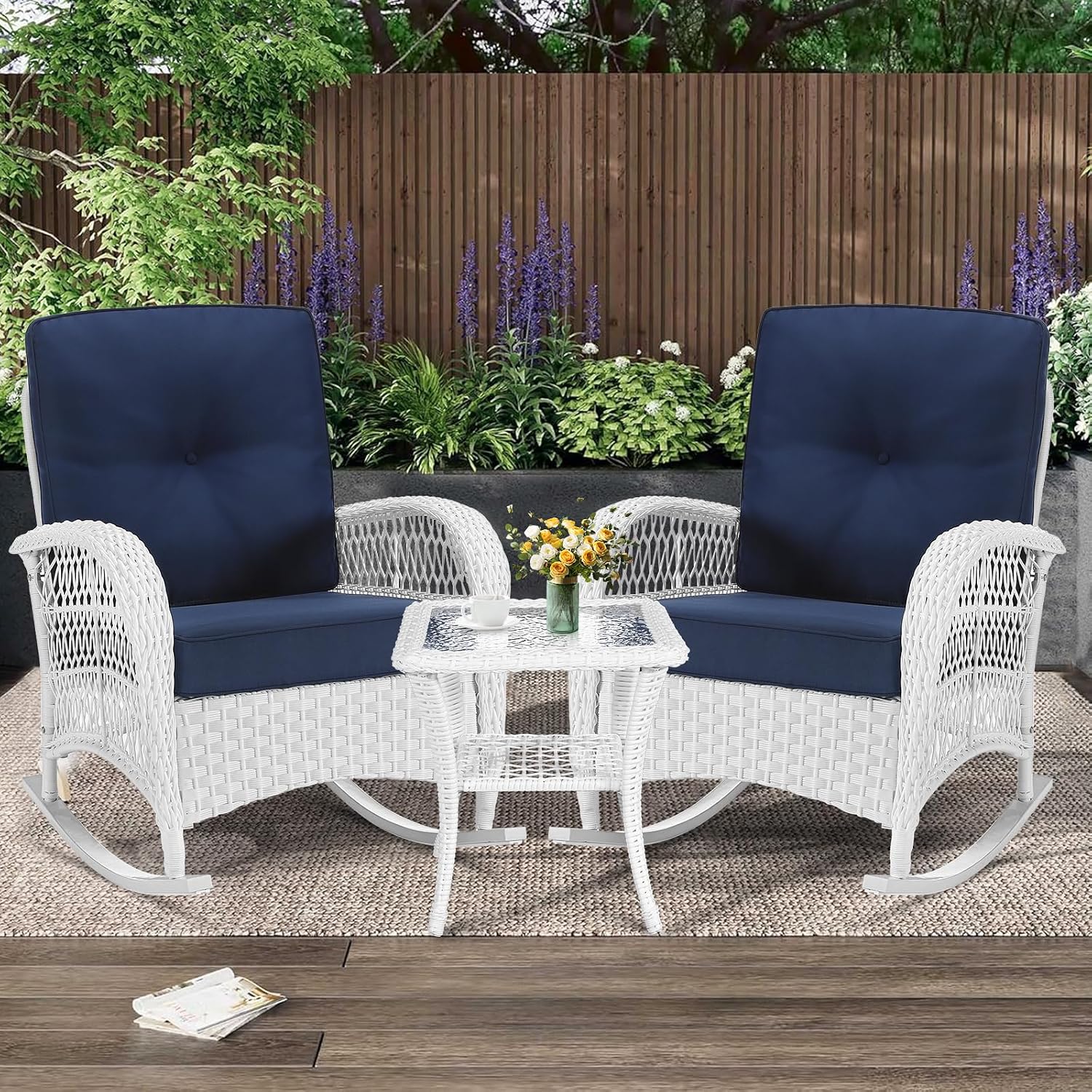 MEETWARM 3 Pieces Patio Conversation Set, Rattan Outdoor Rocking Patio Bistro Set with 2 Rockers and 1 Side Table with 4' Thick Cushions, Outdoor Furniture Set for Porch Backyard, White Wicker/Navy