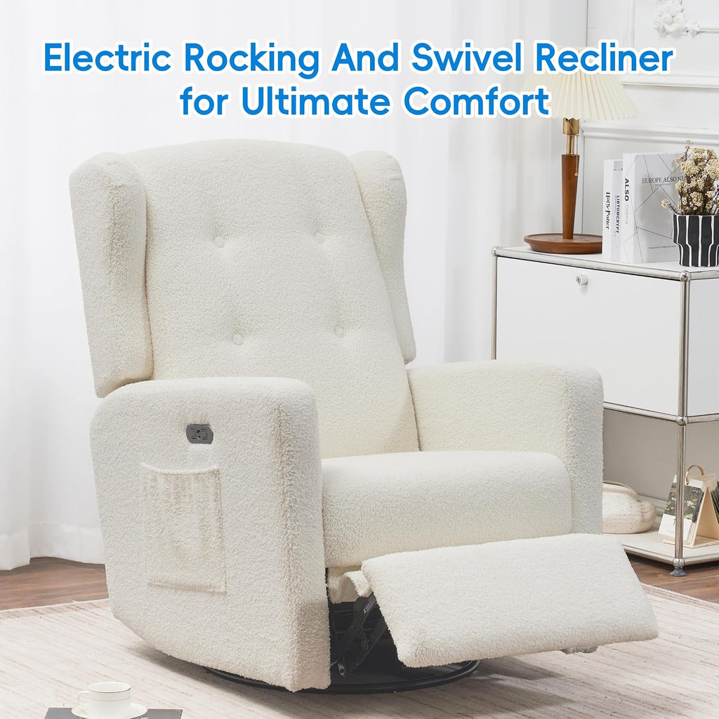Swivel Rocker Power Recliner Chair for Nursery, 270° Swivel Glider Recliner with USB & Type-C Charging, Electric Reclining Chair with Storage Pockets, Upholstered Recliner for Living Room(Teddy Beige)