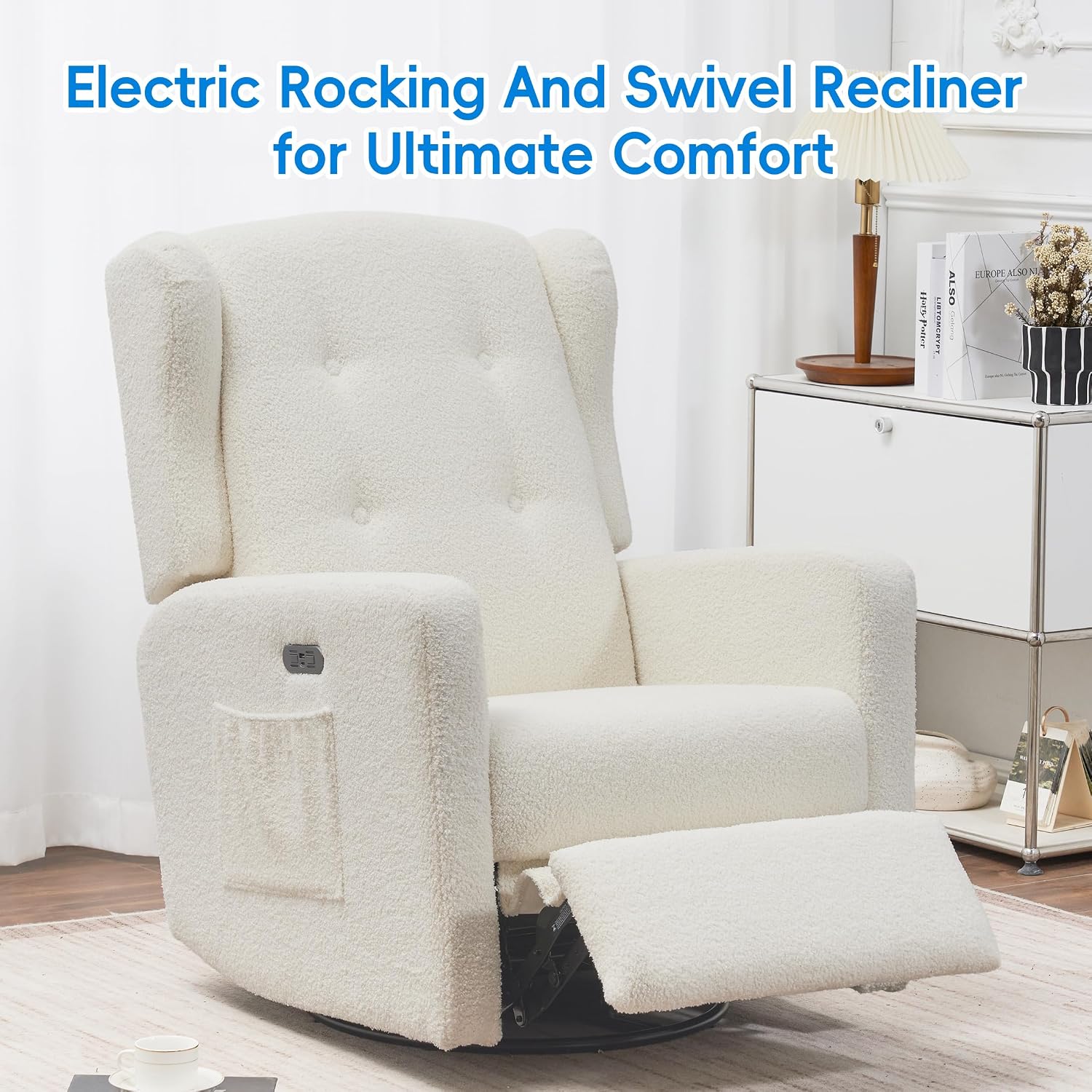 Swivel Rocker Power Recliner Chair for Nursery, 270° Swivel Glider Recliner with USB & Type-C Charging, Electric Reclining Chair with Storage Pockets, Upholstered Recliner for Living Room(Teddy Beige)