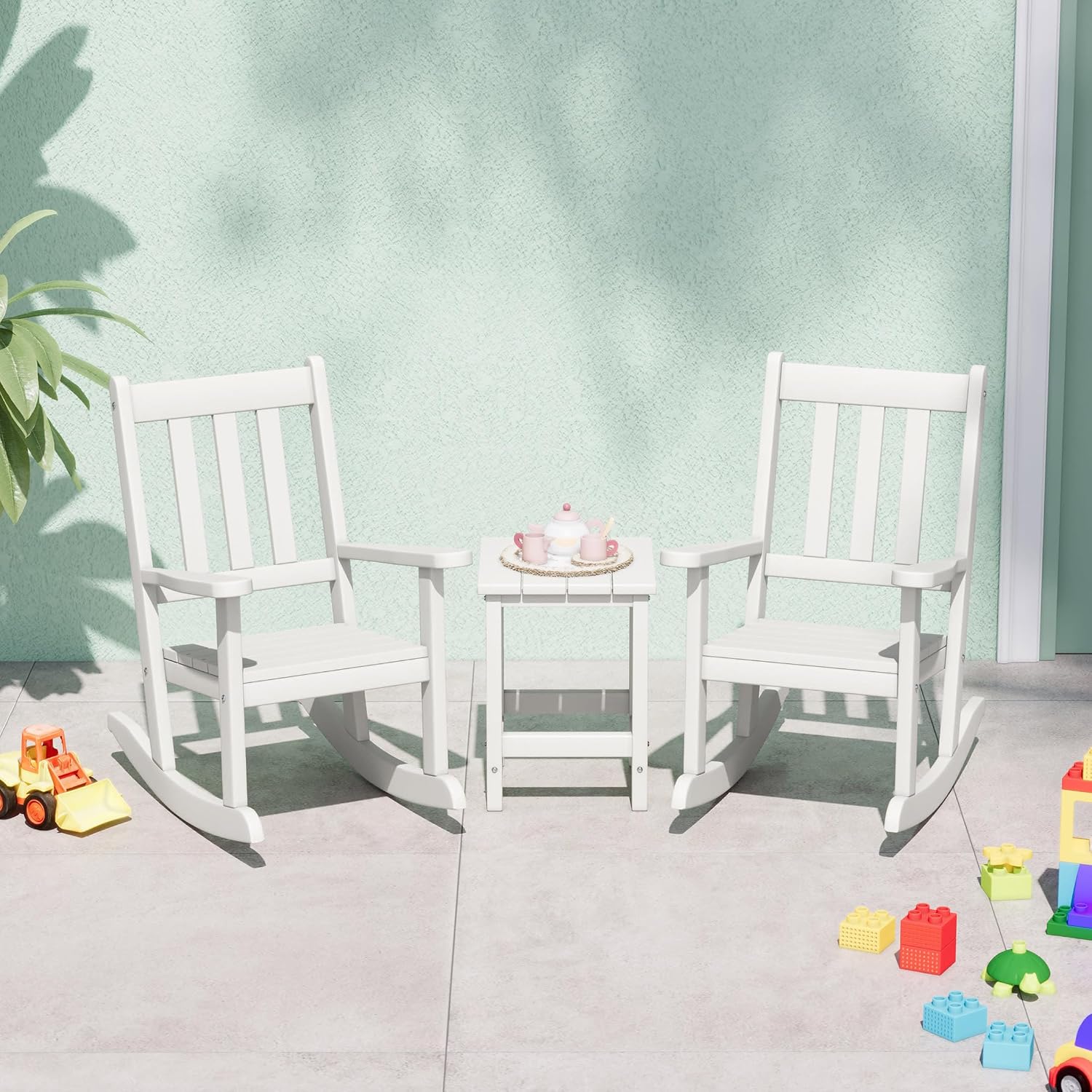 WestinTrends Malibu 3-Piece Kids Outdoor Rocking Chairs Set with Kids Square Side Table, White