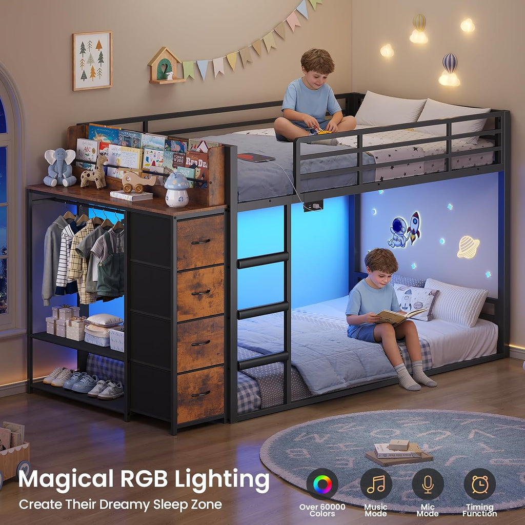 ADORNEVE Low Bunk Bed Twin Over Twin with Bookshelf, 4 Storage Drawers, Metal Kids Bunk Bed with Power Outlet & RGB Lights, Clothing Rack & Shelves, Safety Guardrail & Ladder, Black