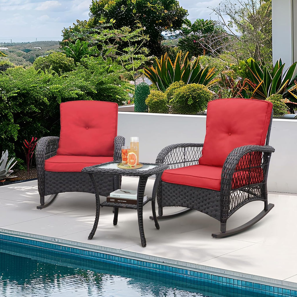 Skypatio Outdoor Wicker Rocking Chairs Set of 2 and Coffee Table, 3 Pieces Patio Bistro Furniture Set with Comfortable Cushions for Balcony, Porch, Backyard, Deck(Red)