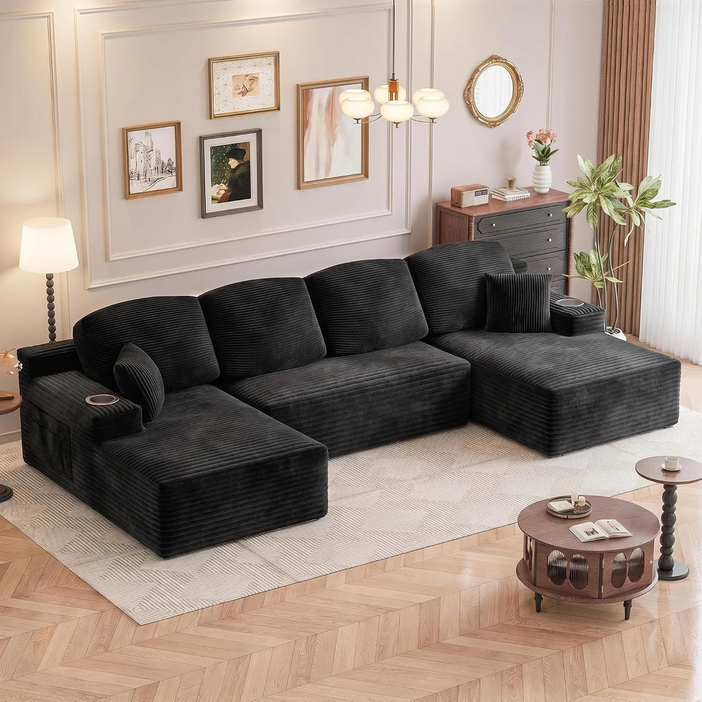 Homall 142' Boneless Couch, Modular Sectional Sofa, No Assembly Required, Memory Foam Filling, Corduroy U-Shaped Sofa, Movable Multi-Person Couch for Living Room (Black)
