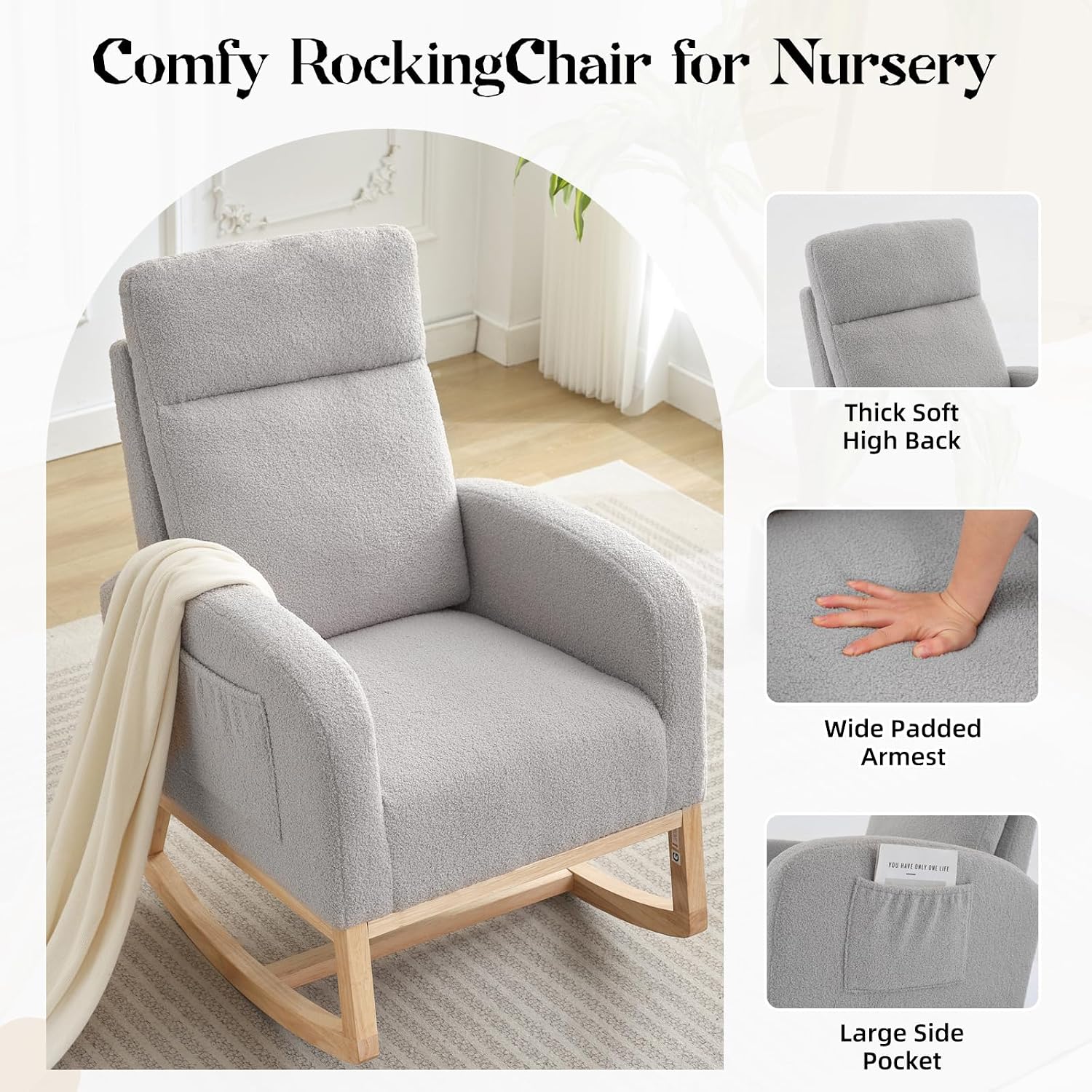 Nursery Glider and Rocker Chair, Upholstered High Back Rocking Chair with Side Pockets, 300 lbs Capacity Plush Teddy Fabric Accent Armchair for Living Room, Bedroom, Nursery (Light Grey)