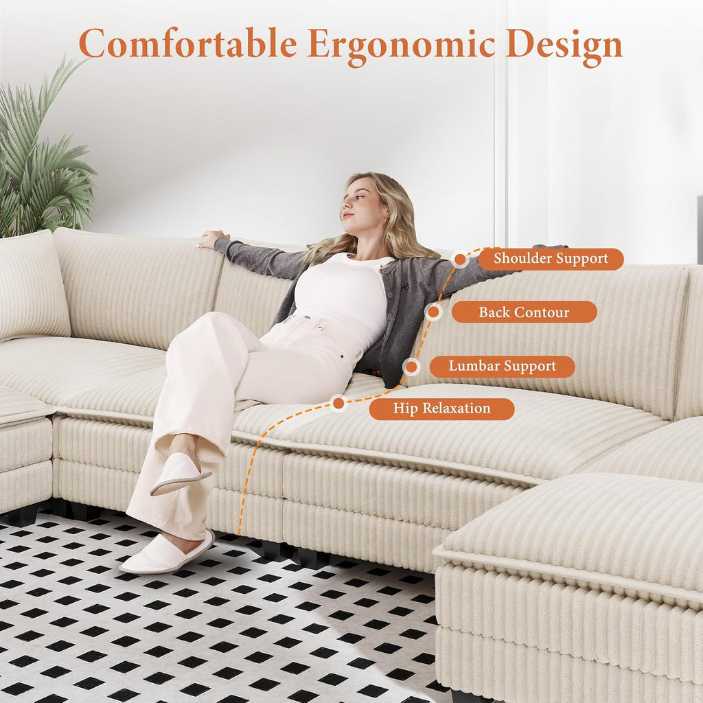 Vesgantti 109' L Shaped Cloud Sectional Couch, Comfy Corduroy Upholstered Modular Couches for Living Room, Modern 3 Seater Sectional Sofa with Ottoman Deep Seat, Beige