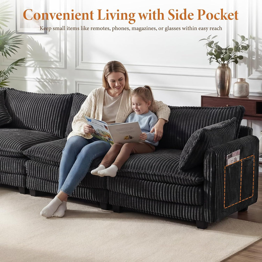 Vesgantti 143' L Shaped Modular Sectional Couch, Comfy Corduroy Upholstered Cloud Couches for Living Room, Modern 3 Seater Sofa with Movable Ottoman & Throw Pillows, Dark Grey