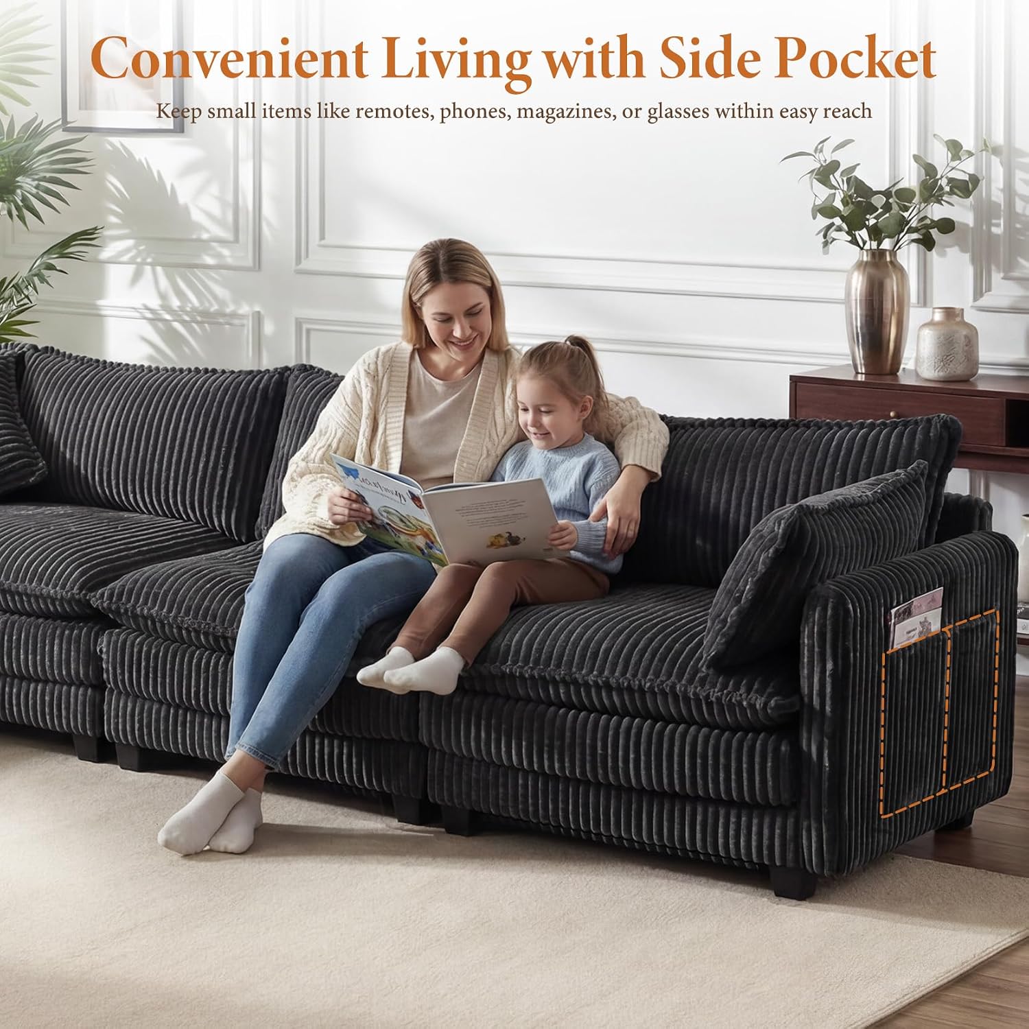 Vesgantti 143' L Shaped Modular Sectional Couch, Comfy Corduroy Upholstered Cloud Couches for Living Room, Modern 3 Seater Sofa with Movable Ottoman & Throw Pillows, Dark Grey