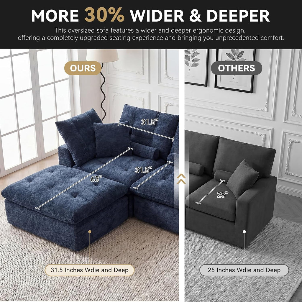 110' Cloud Sectional Couches L-Shaped Modular Boneless Chenille Sofa Couches with Deep Seat Ottoman and Side Pockets, Module Combination for Living Room 3 Seater