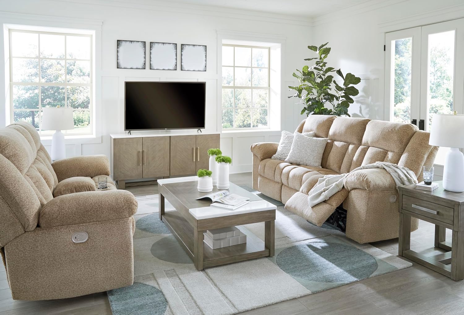 Signature Design by Ashley Tip-Off Classic Wall Hugger Power Reclining Loveseat with Adjustable Headrest, USB Ports, Storage and Cup Holders, Light Brown