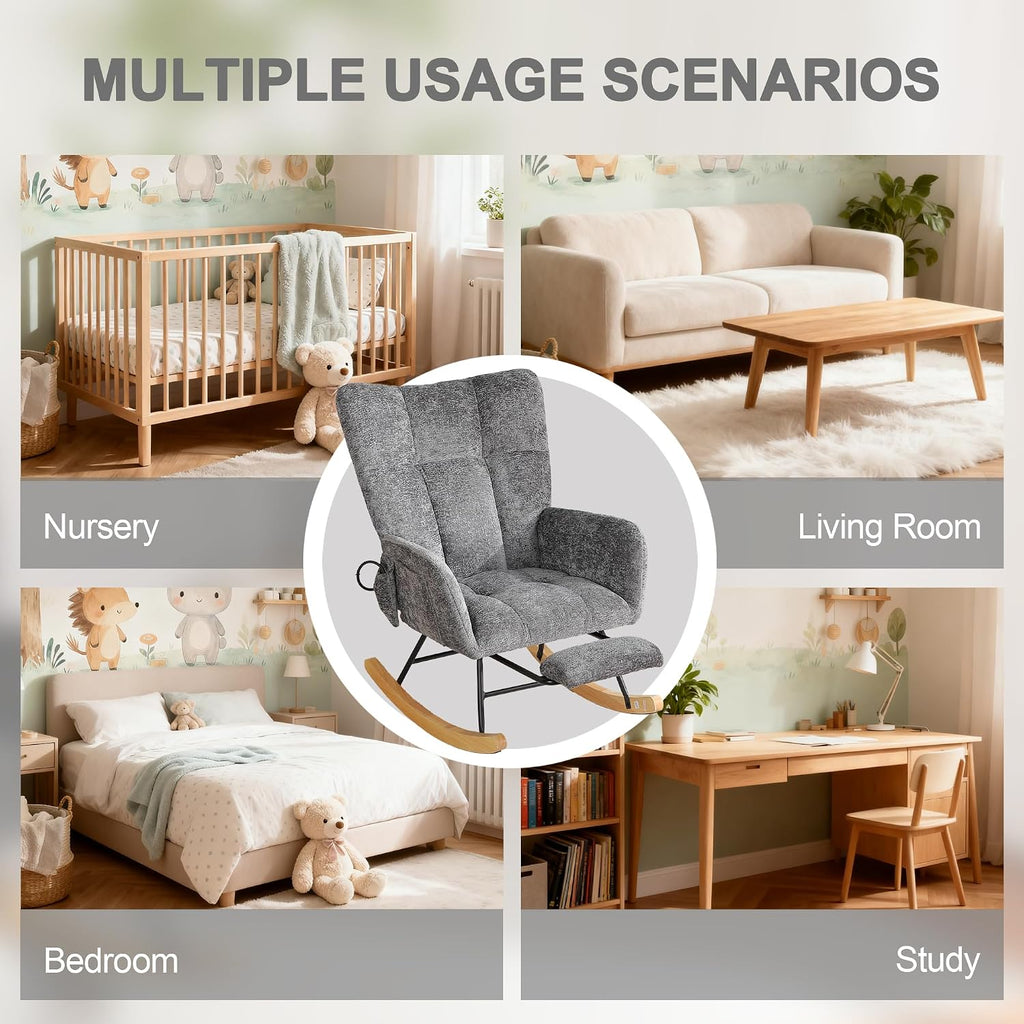 Rocking Chair Nursery with Airbag, Comfy Modern Nursery Rocking Reading Chair indoor with Footrest, Cozy Upholstered Glider Rocker Chairs for Living Room Bedroom Offices(Chenille, Dark Grey)