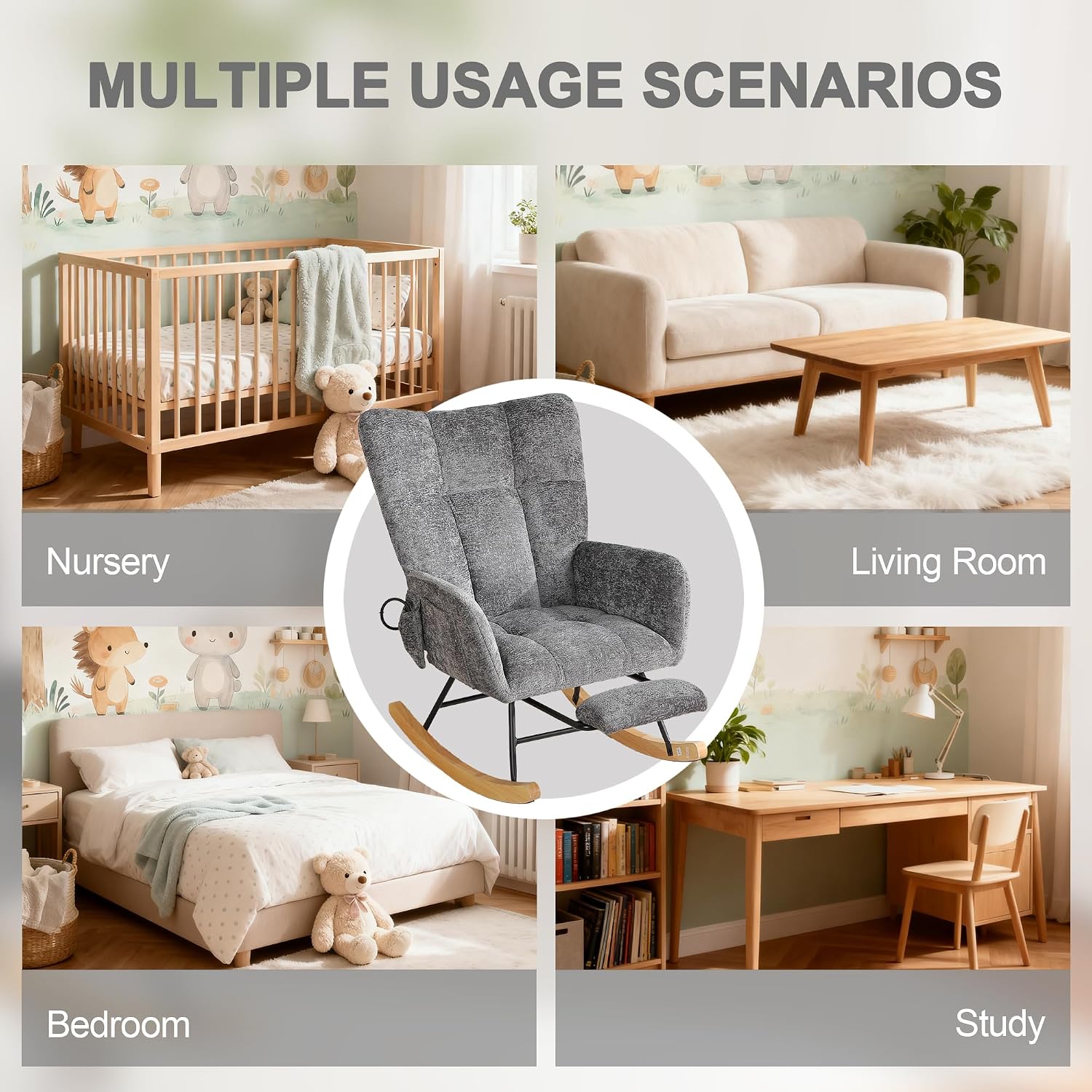 Rocking Chair Nursery with Airbag, Comfy Modern Nursery Rocking Reading Chair indoor with Footrest, Cozy Upholstered Glider Rocker Chairs for Living Room Bedroom Offices(Chenille, Dark Grey)