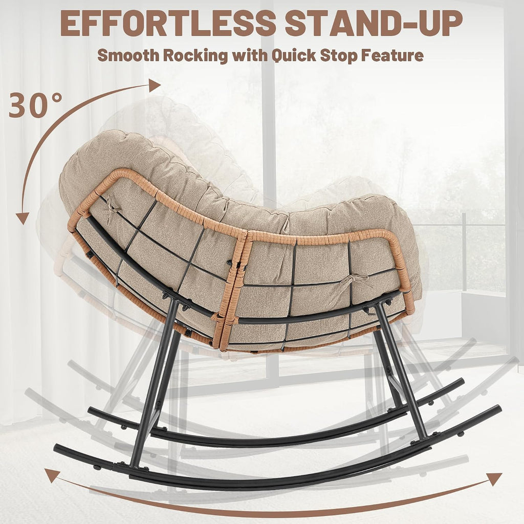 Outdoor Comfy Rocking Chair with Thick Cushion, Rattan Rocker Egg Chair Indoor with Straps, Patio Rocking Chair 450lbs for Garden, Backyard, Balcony, Lawn, Bedroom, Living Room (Beige)