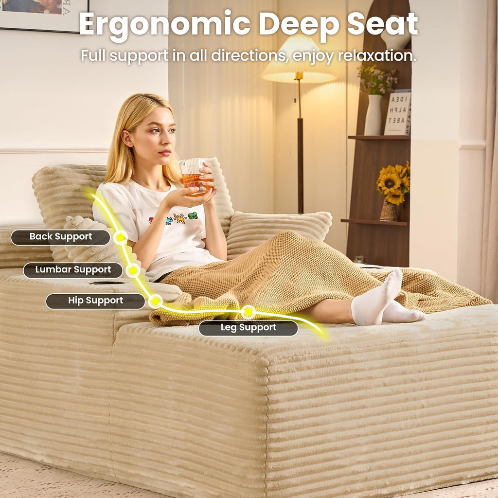 ovios 67'' Chaise Lounge Chair Indoor, Oversized Upholstered Boneless Sofa Bed with Cup Holders, Deep Seat Sleeper Couch, Plush Cloud Sofas Couches for Living Room (Faux Fur, Beige)