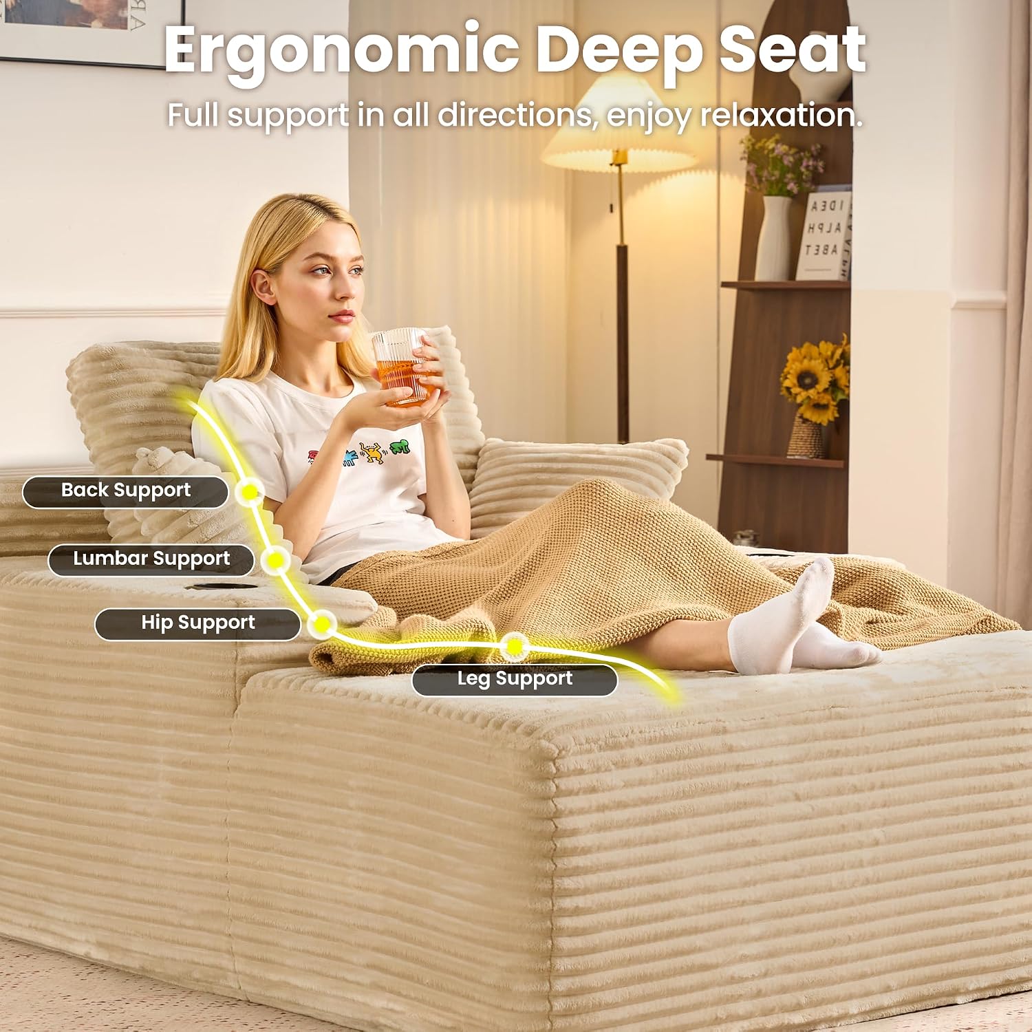 ovios 67'' Chaise Lounge Chair Indoor, Oversized Upholstered Boneless Sofa Bed with Cup Holders, Deep Seat Sleeper Couch, Plush Cloud Sofas Couches for Living Room (Faux Fur, Beige)