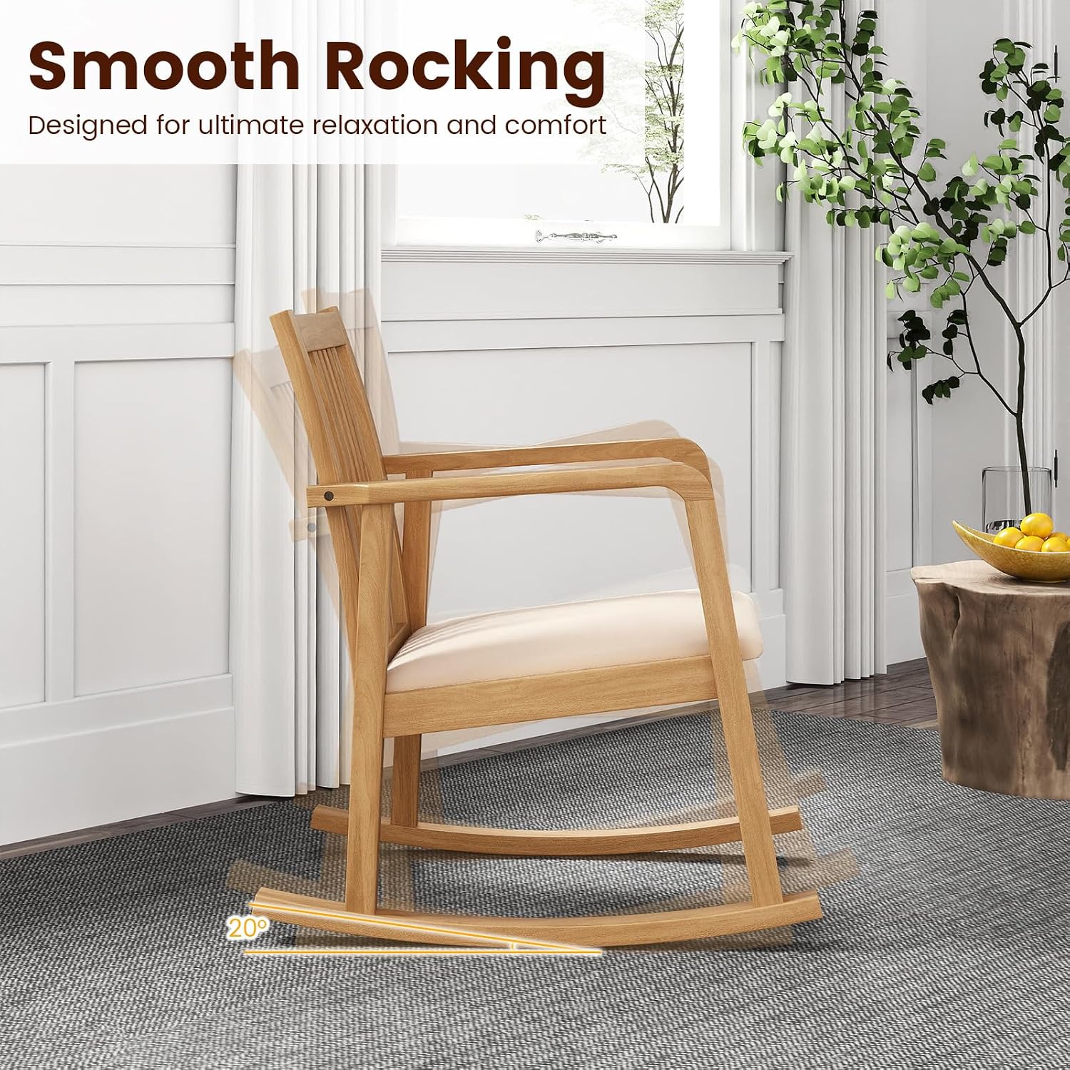 Giantex Rocking Chair with Cushioned Seat, Indoor Solid Rubber Wood Rocker Chair w/Slatted Back & Curved Armrests, Wooden Accent Armchair for Living Room, Bedroom, Study, Porch (2,Natural + Beige)